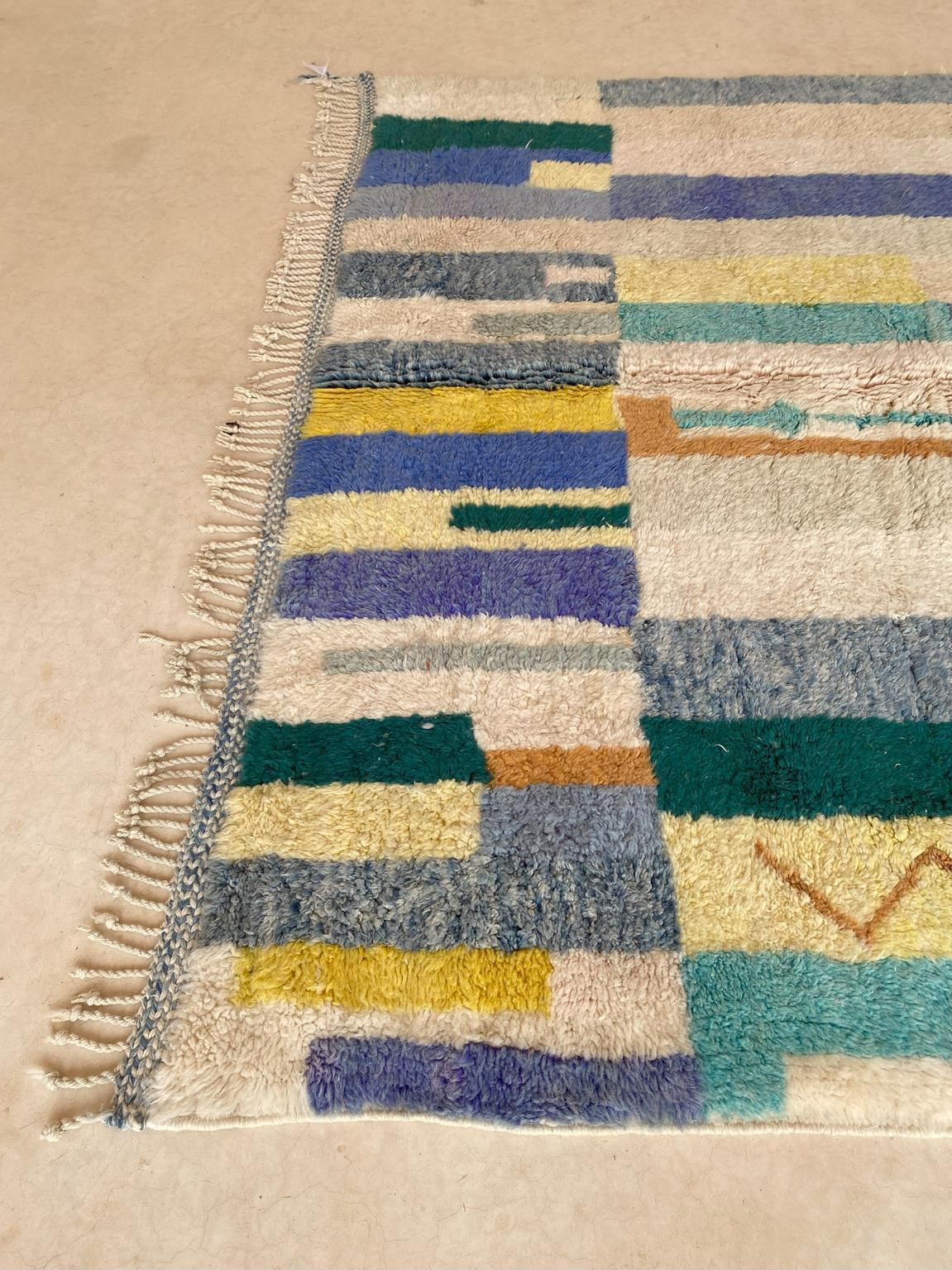 Contemporary Modern Moroccan wool Mrirt rug - Blue/cream/yellow - 7x10.2feet / 214x310cm For Sale