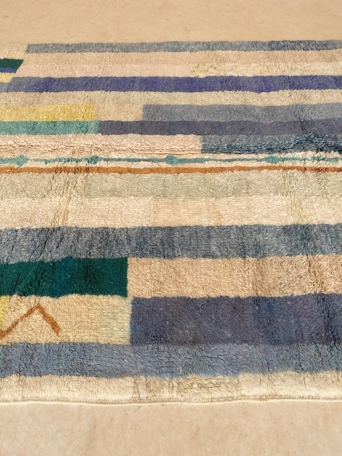 Moderner marokkanischer Wollteppich Mrirt - Blau/Creme/Gelb - 7x10.2feet / 214x310cm (21. Jahrhundert und zeitgenössisch)