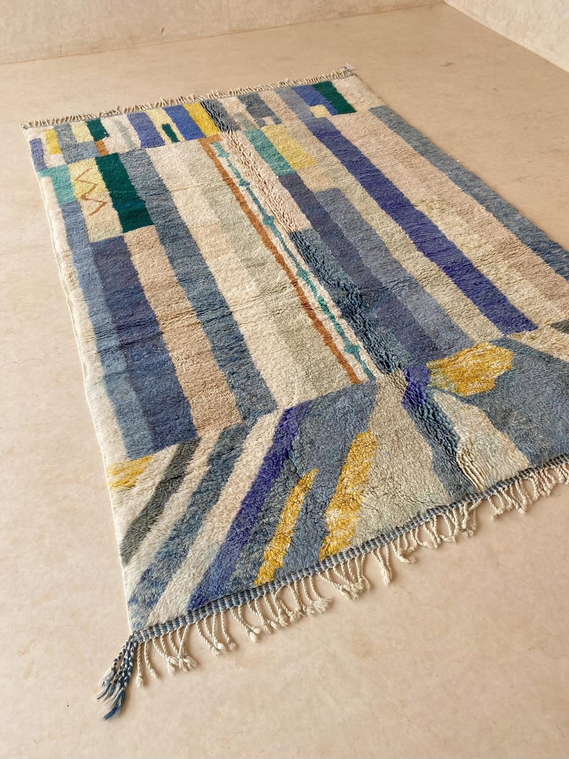 Modern Moroccan wool Mrirt rug - Blue/cream/yellow - 7x10.2feet / 214x310cm For Sale 2