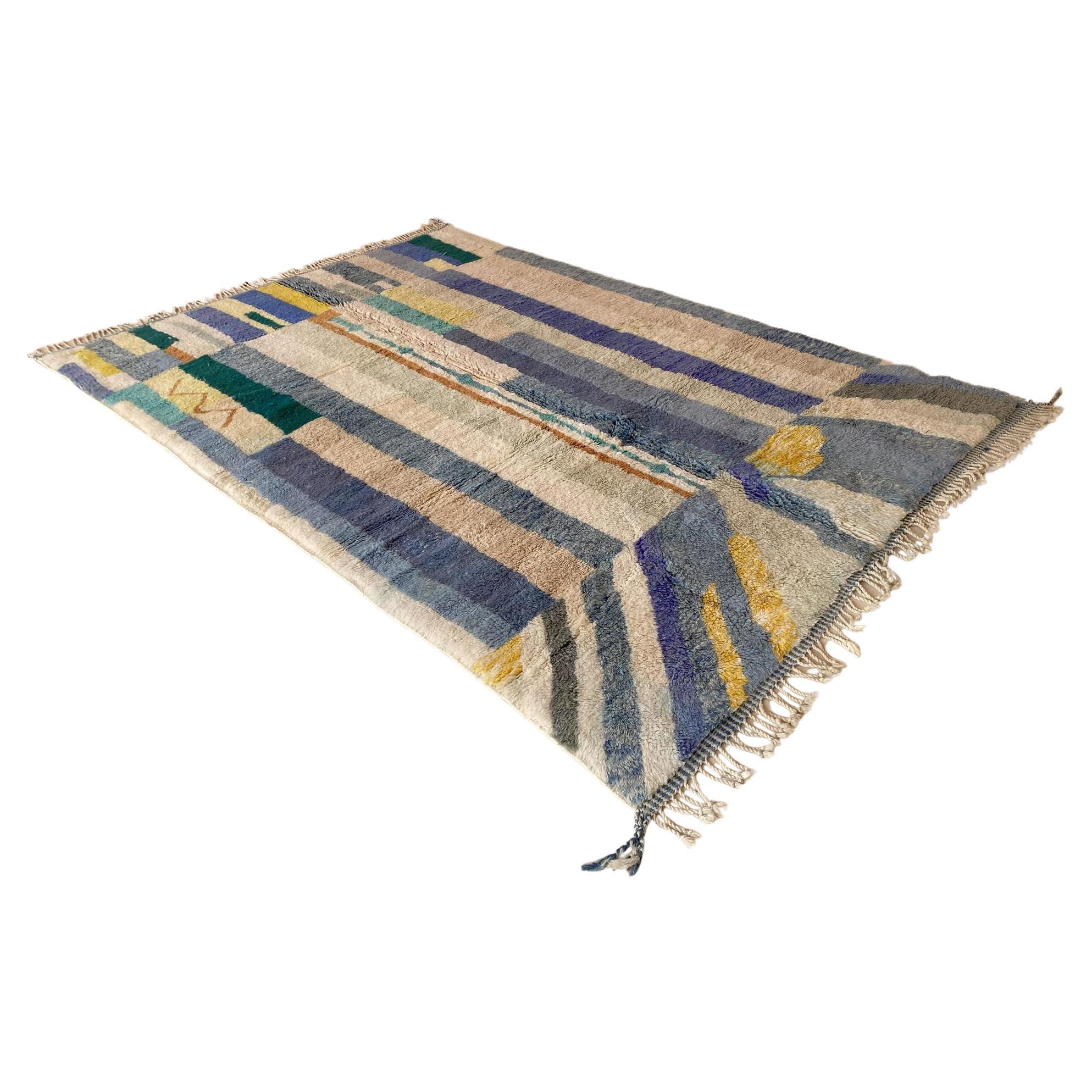 Modern Moroccan wool Mrirt rug - Blue/cream/yellow - 7x10.2feet / 214x310cm