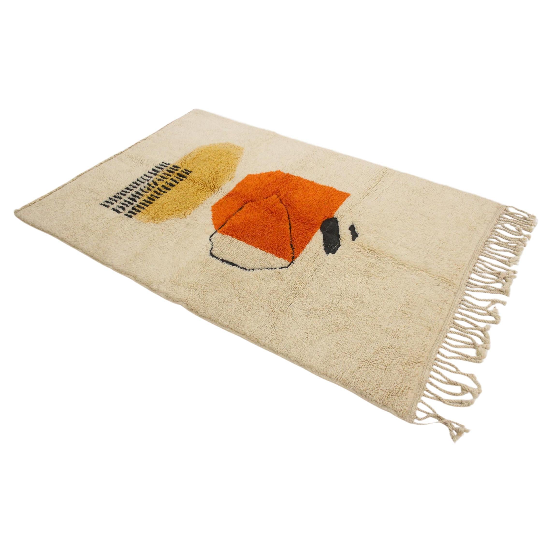 Modern Moroccan wool Mrirt rug - Cream/orange/yellow - 5x7.3feet / 153x223cm For Sale