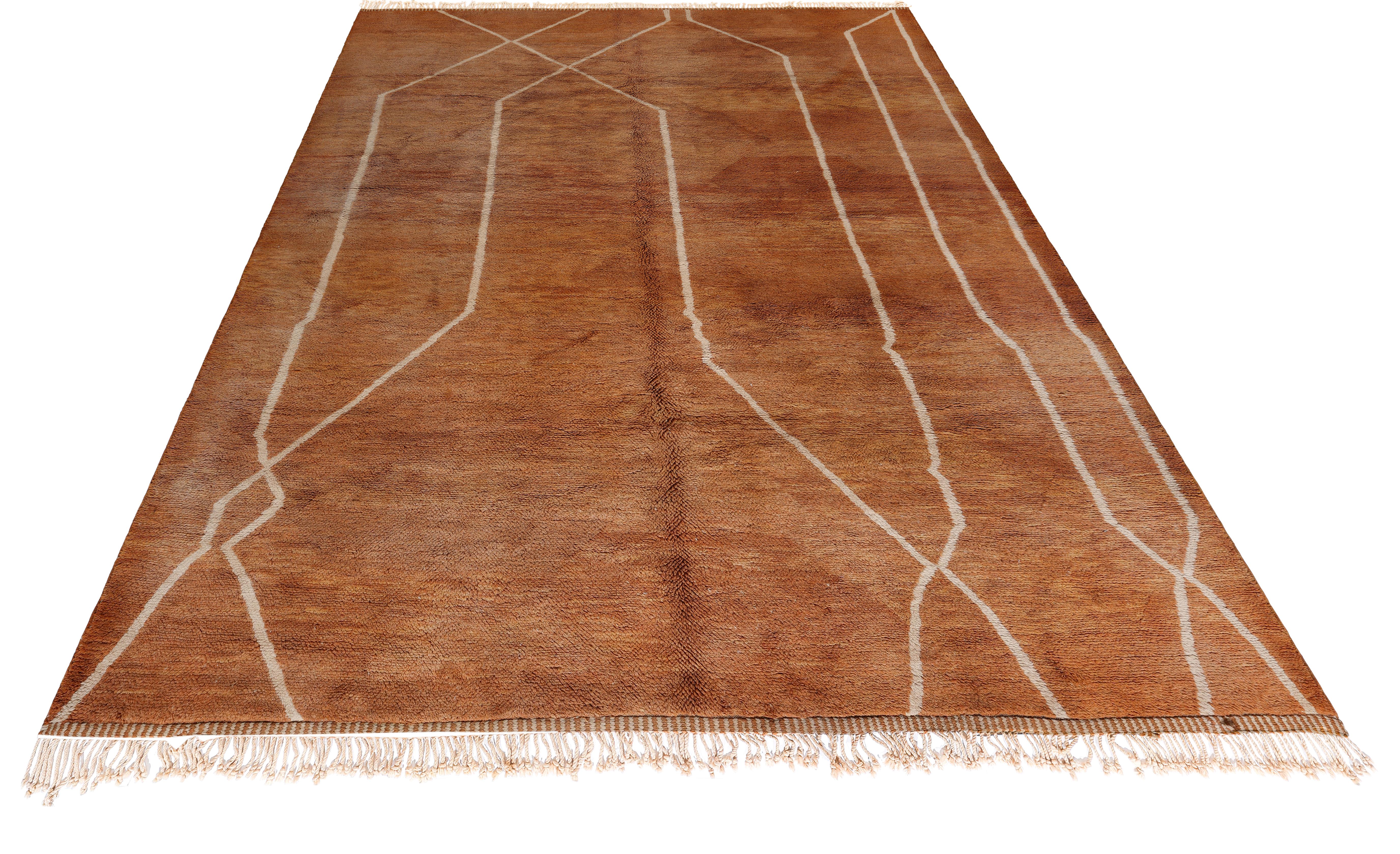 XXIe siècle et contemporain Tapis marocain moderne en laine de couleur terre cuite avec des lignes géométriques en vente