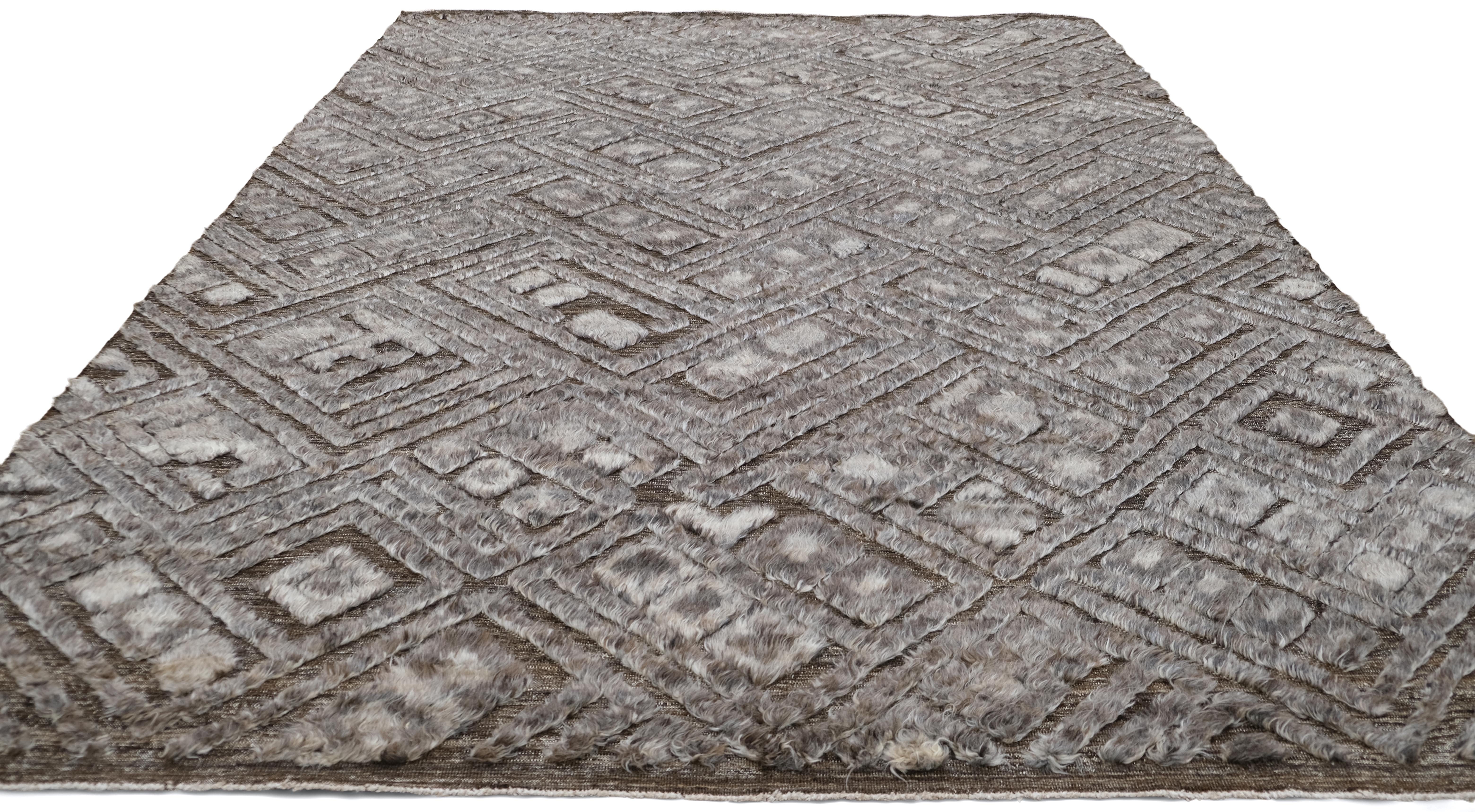 Bohemian Modern Morrocan Geometric Natural Brown Gray Wool Rug 9'4''x12'3'' For Sale