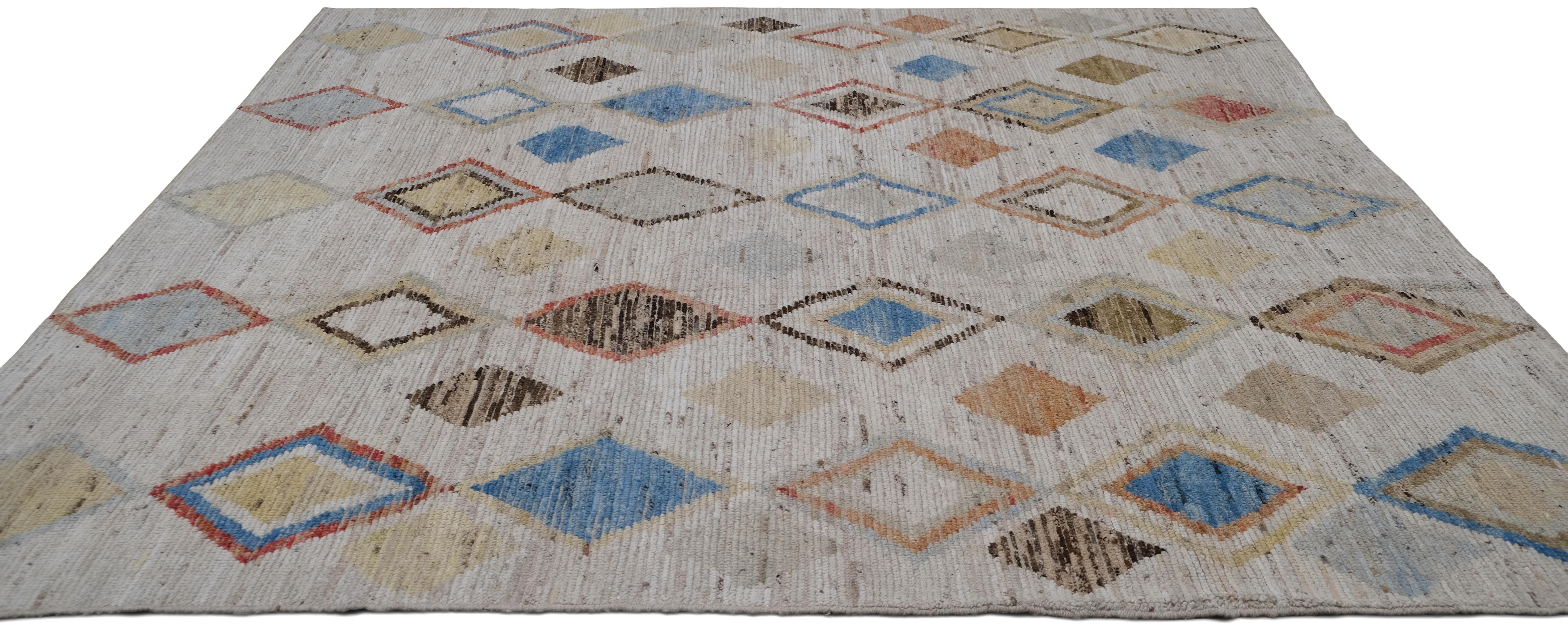 Moderner Morrocan Mehrfarbiger geometrischer Diamant-Muster-Wollteppich 8'4''x9'8'' (Böhmisch) im Angebot