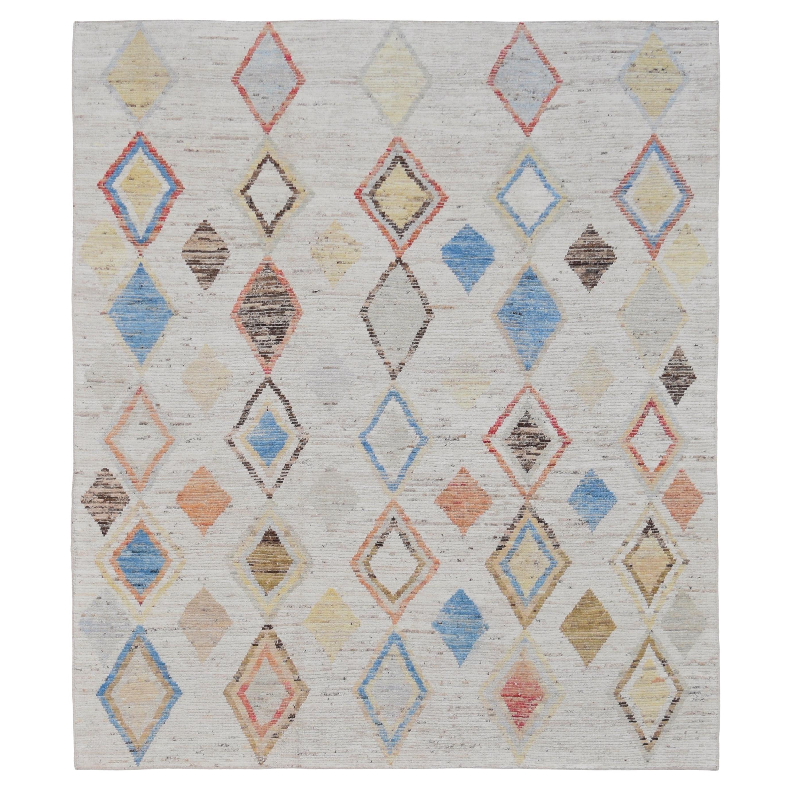 Modern Morrocan Multicolored Geometric Diamond Patterned Wool Rug 8'4''x9'8''