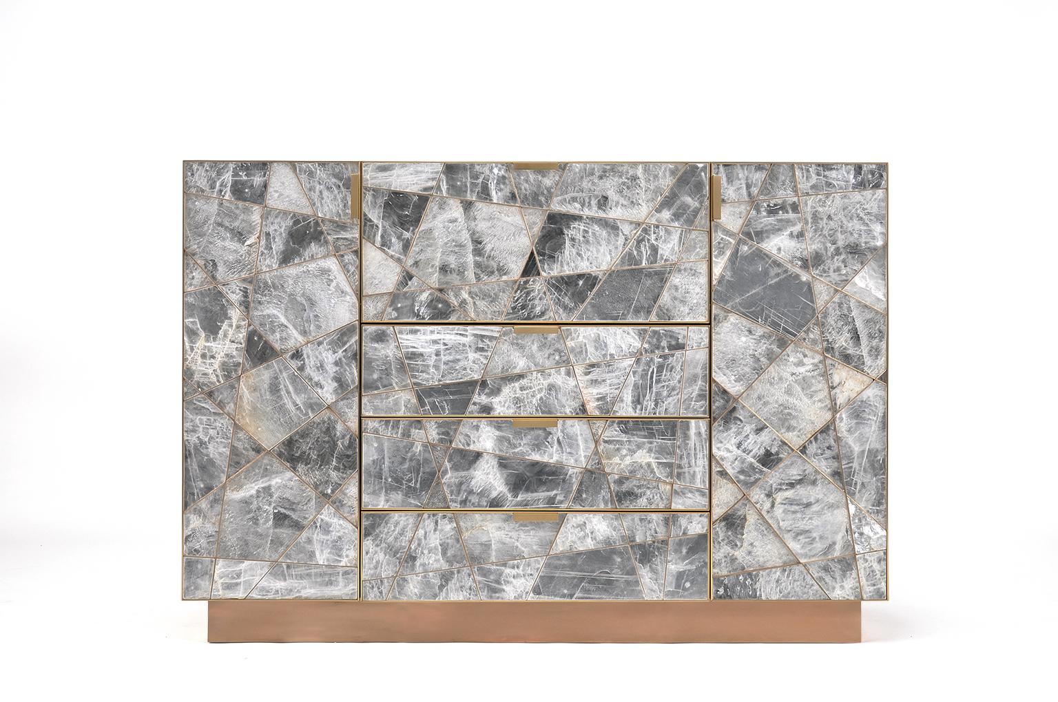 American Modern Mosaic Cabinet in Selenite, Bronze and Claro Walnut By Newell Design For Sale