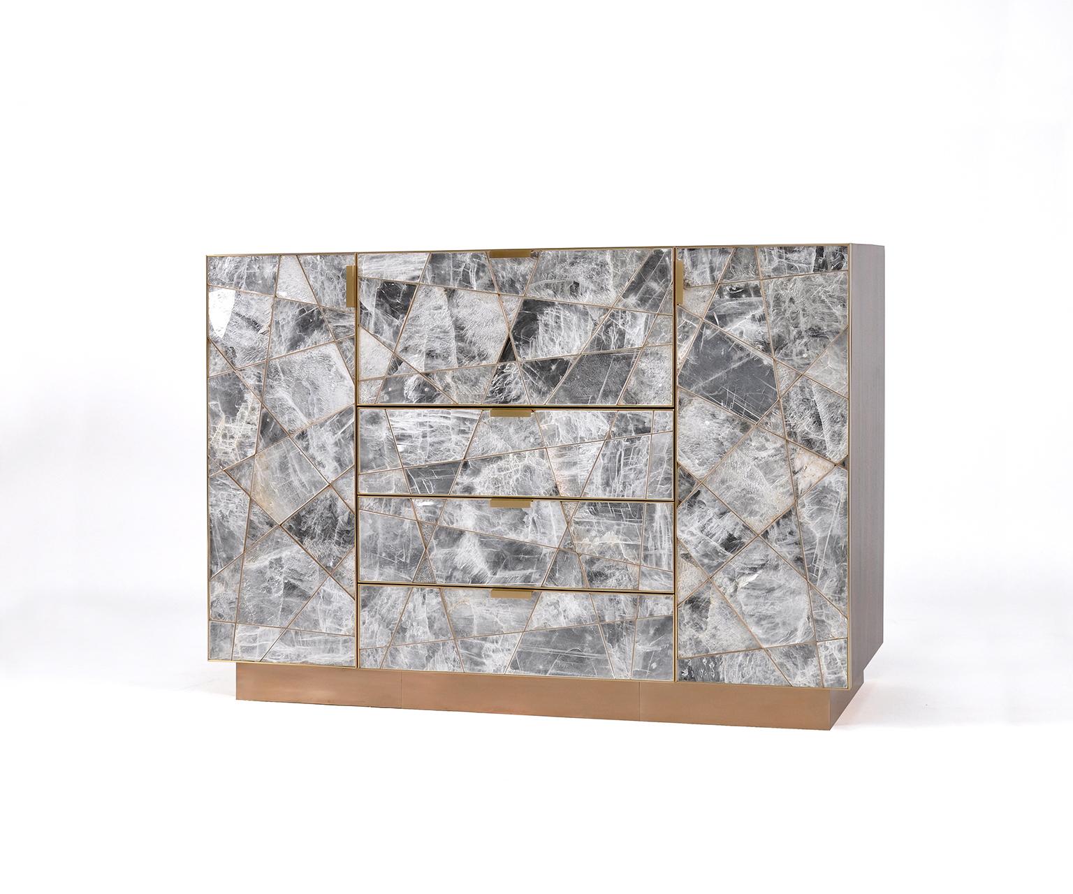 Bronzed Modern Mosaic Cabinet in Selenite, Bronze and Claro Walnut By Newell Design For Sale