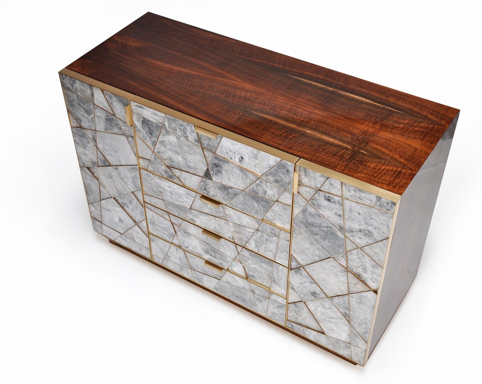 Modern Mosaic Cabinet in Selenite, Bronze and Claro Walnut By Newell Design In New Condition For Sale In Orange, CA