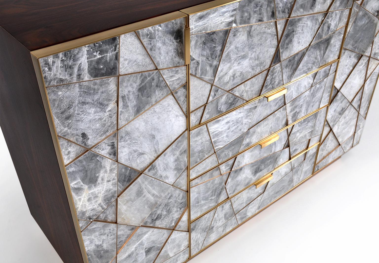 Metal Modern Mosaic Cabinet in Selenite, Bronze and Claro Walnut By Newell Design For Sale