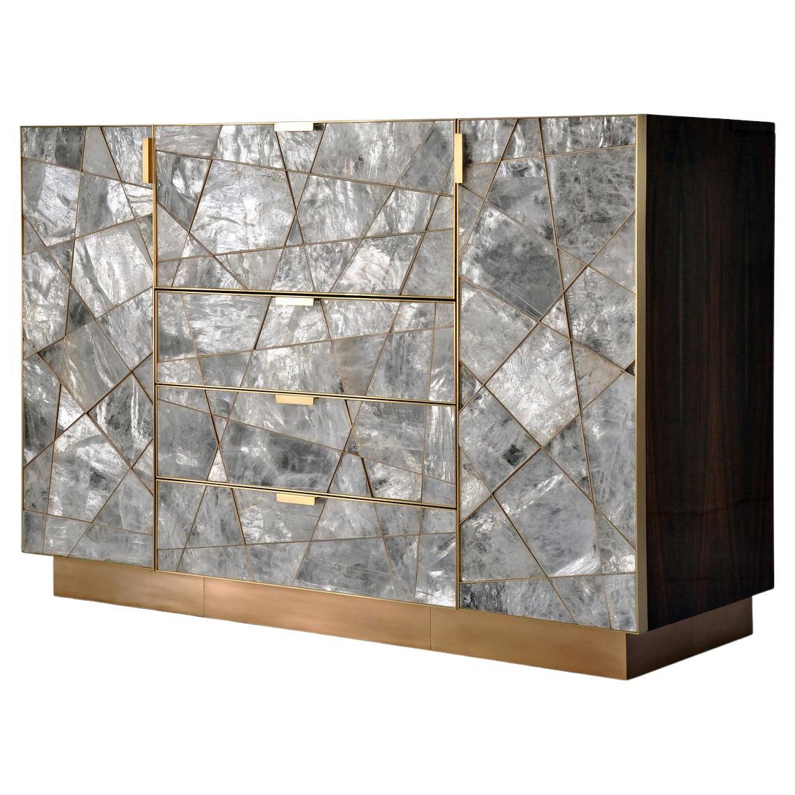 Modern Mosaic Cabinet in Selenite, Bronze and Claro Walnut By Newell Design