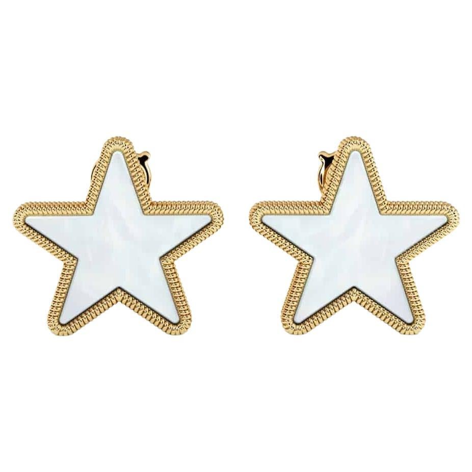 Modern Mother of Pearl Star Earrings Set in 18K Gold For Sale