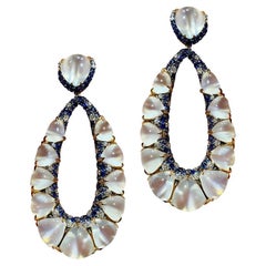 Modern Mother of Pearls Blue Sapphire Dangle Gold 18K Earrings for Her