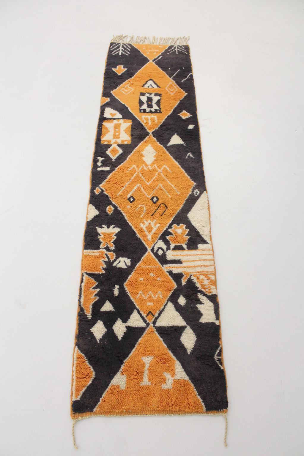 Wool Modern Moroccan wool Mrirt runner rug - Black/orange - 2.4x9.9feet / 74x303cm For Sale