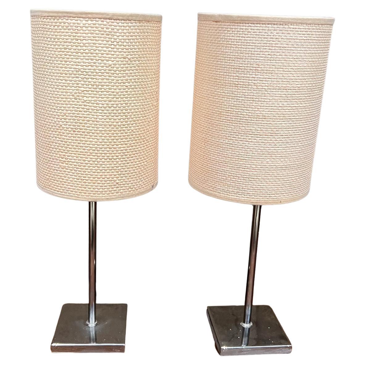 Modern MSE Chrome Table Desk Lamps Woven Shade For Sale
