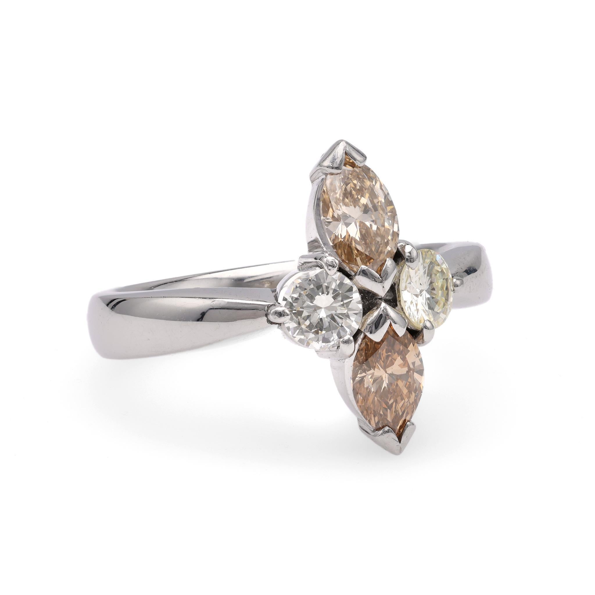 Marquise Cut Modern Mulitcolored Diamond Platinum Ring For Sale