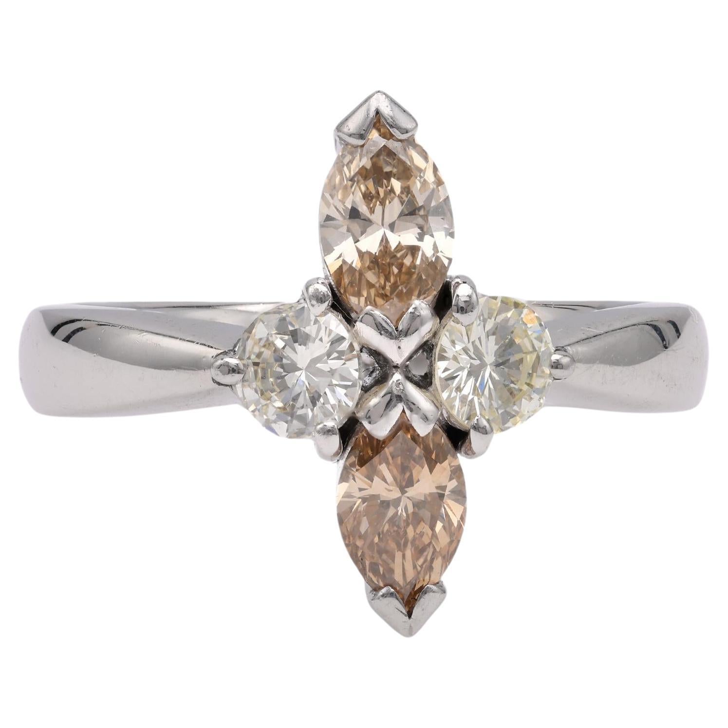 Modern Mulitcolored Diamond Platinum Ring For Sale