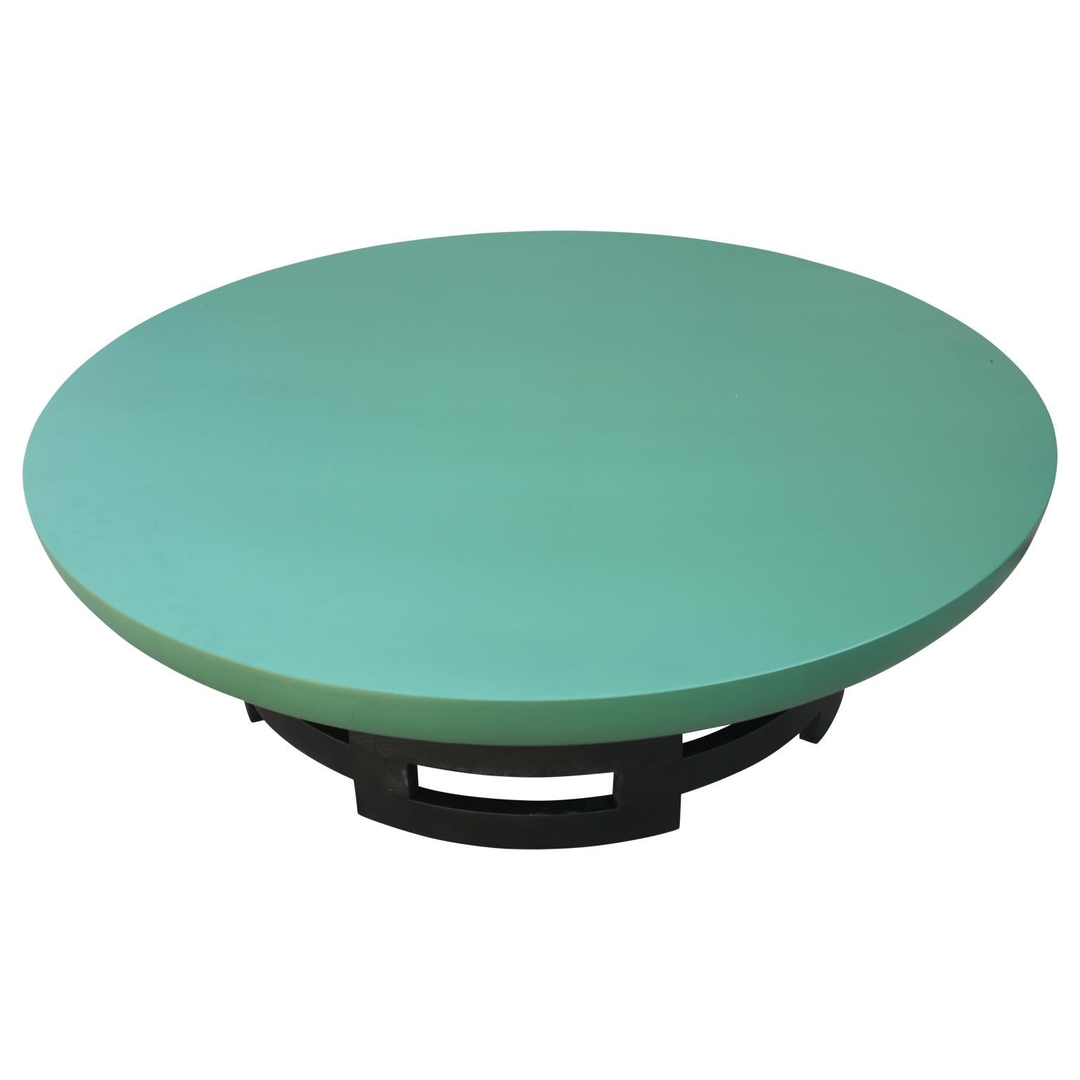 Lovely round black and emerald green coffee table designed by Muller and Barringer as a part of Kittinger's 