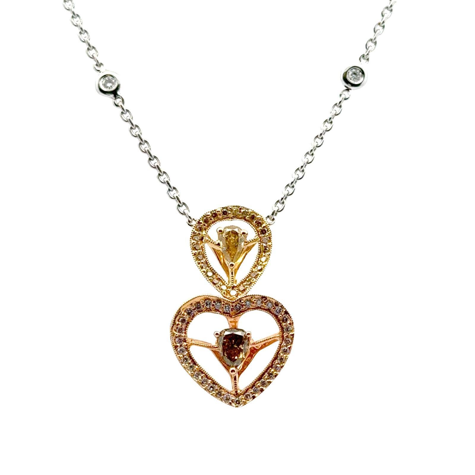 Mixed Cut Modern Multi-Color Diamond Heart Drop Pendant Necklace 18 Karat Two Tone Gold