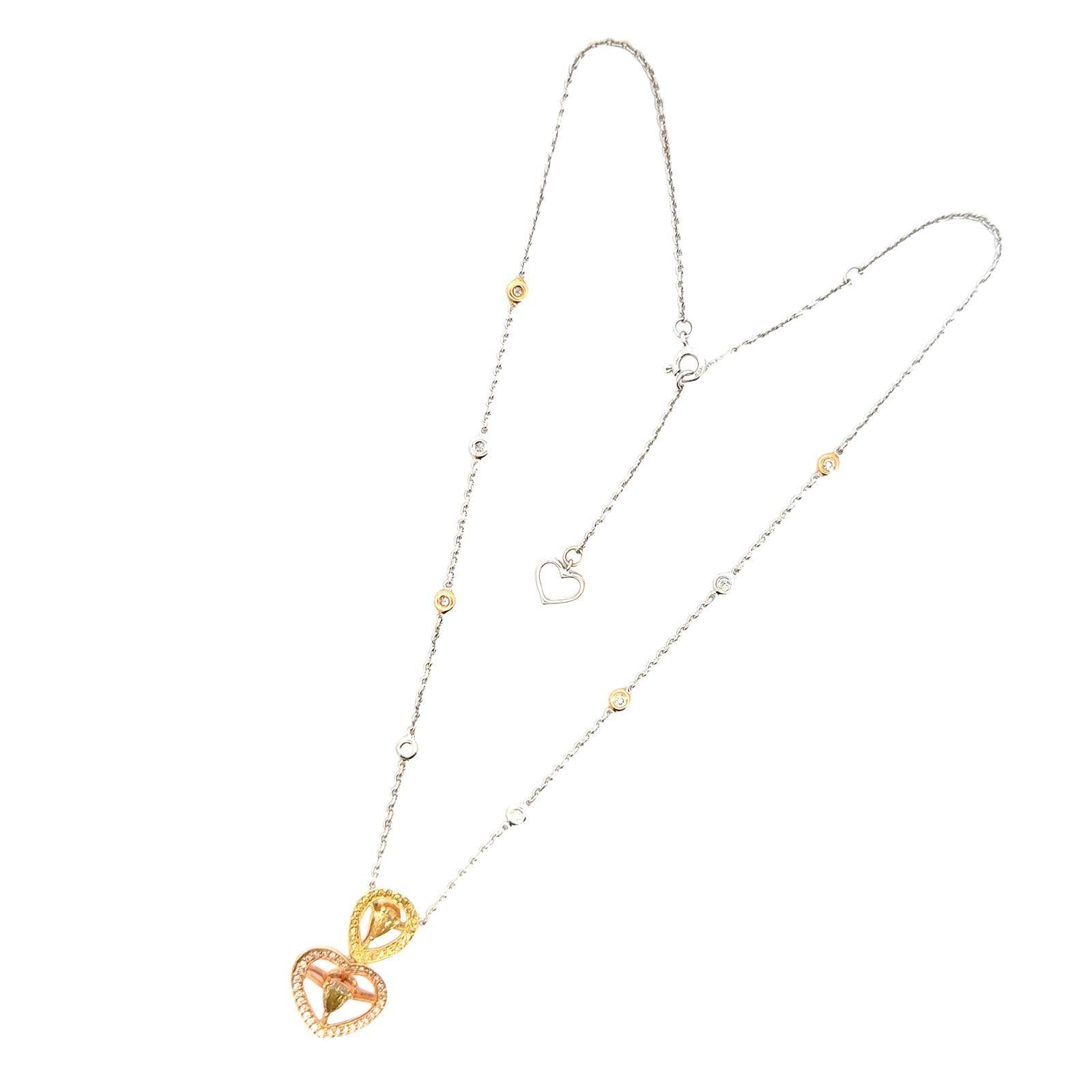 Modern Multi-Color Diamond Heart Drop Pendant Necklace 18 Karat Two Tone Gold In Excellent Condition In Boca Raton, FL
