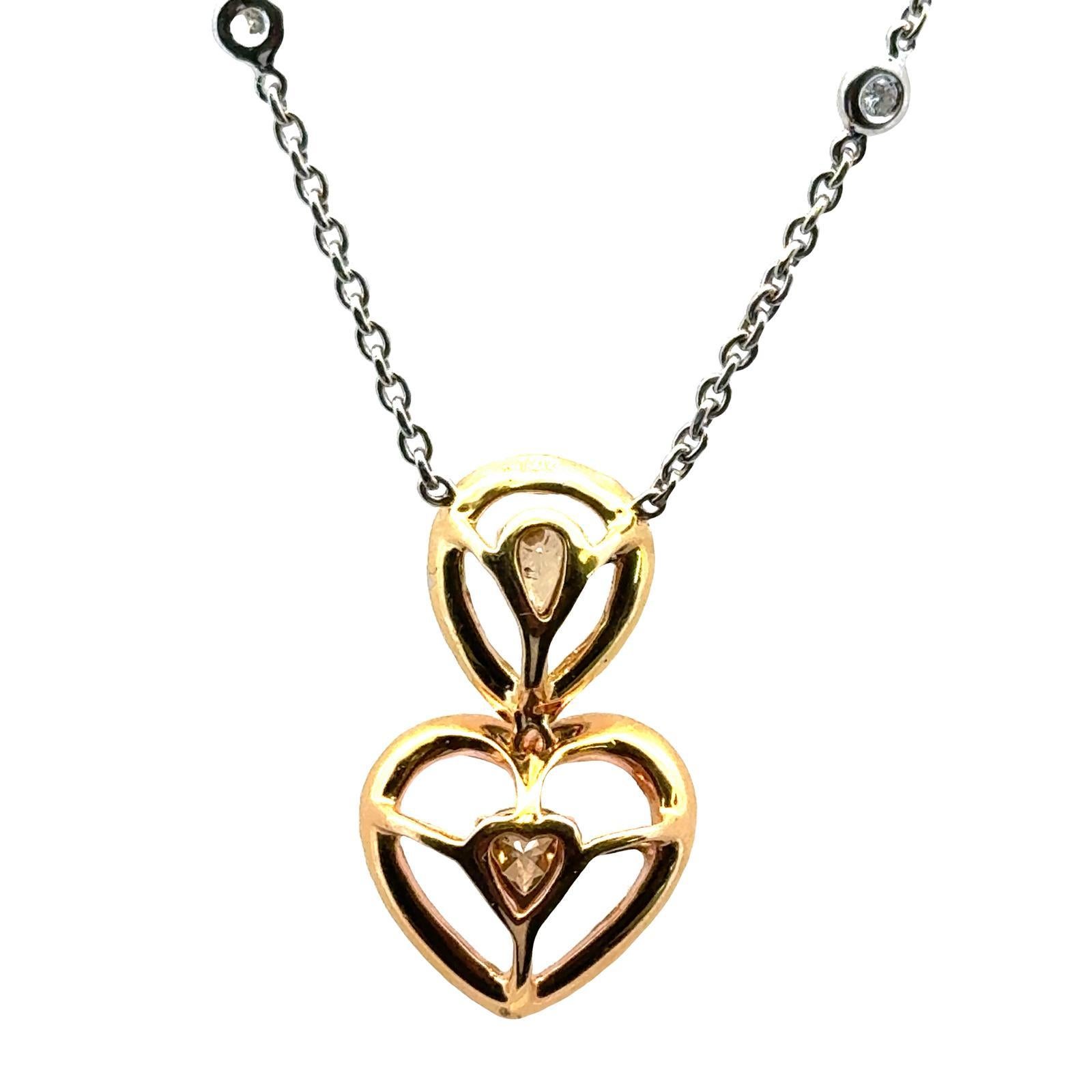 Women's Modern Multi-Color Diamond Heart Drop Pendant Necklace 18 Karat Two Tone Gold