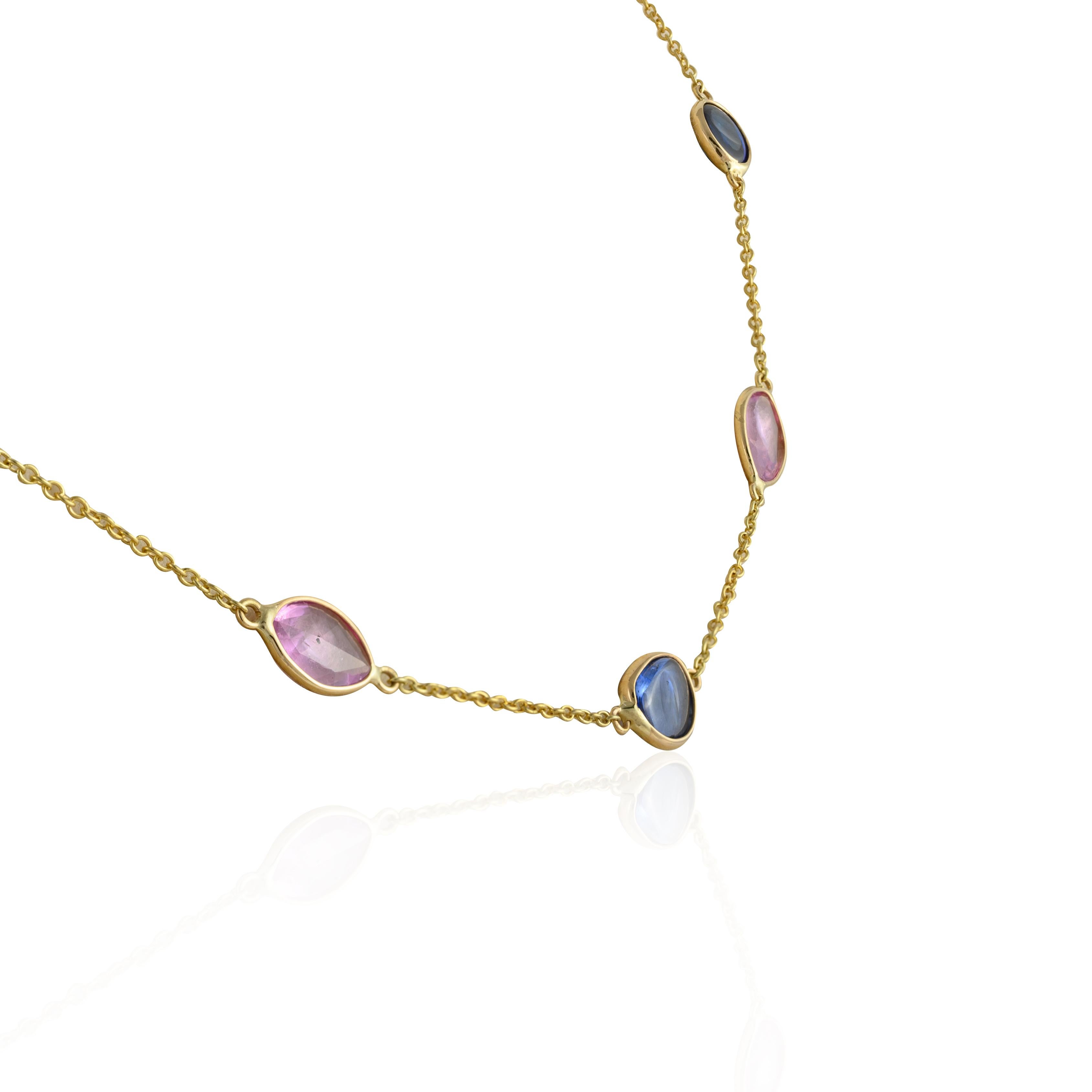 Modern Multi Color Sapphire Chain Necklace 14k Yellow Gold, Grandma Gift Christmas For Sale