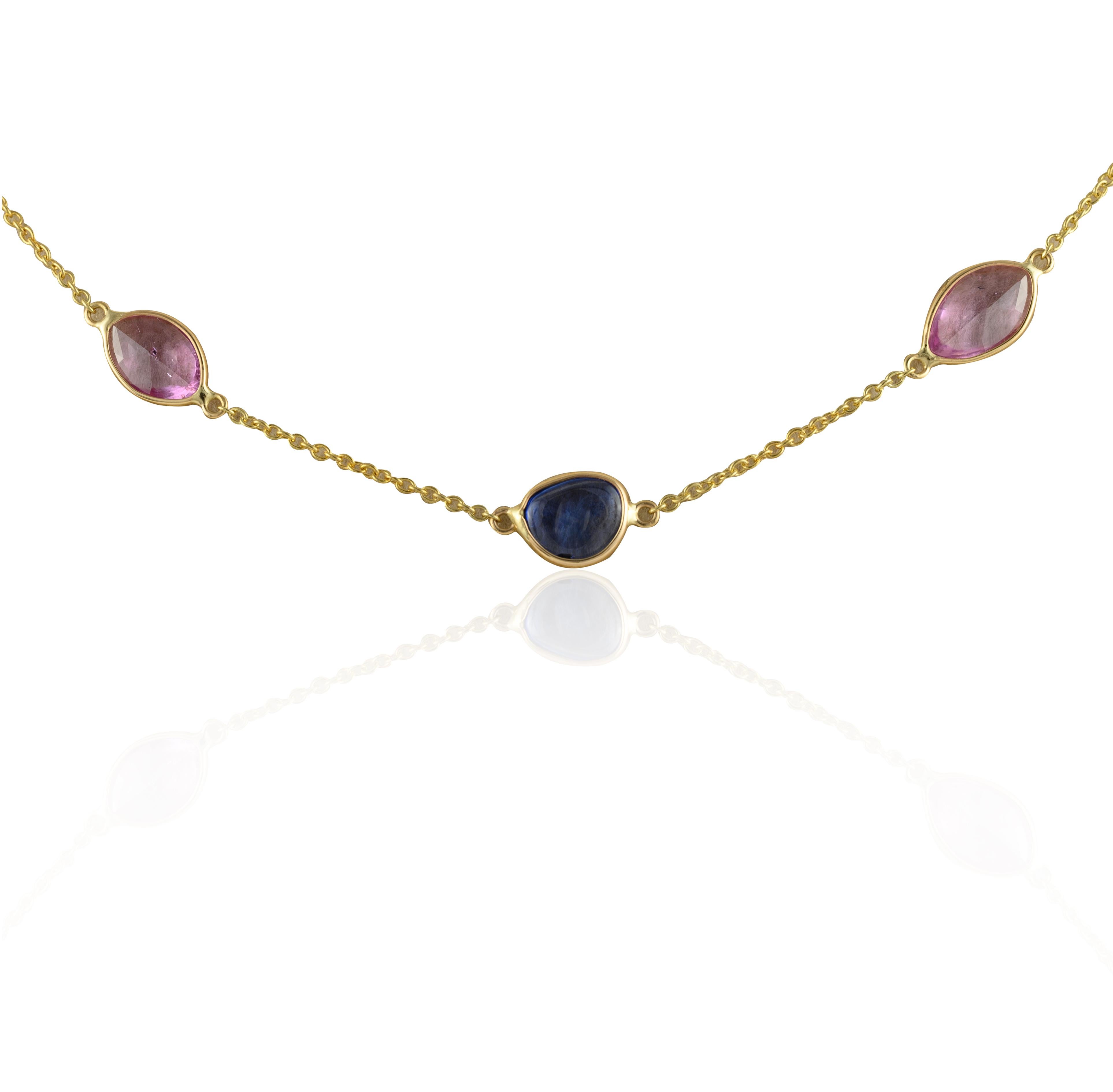 Mixed Cut Multi Color Sapphire Chain Necklace 14k Yellow Gold, Grandma Gift Christmas For Sale