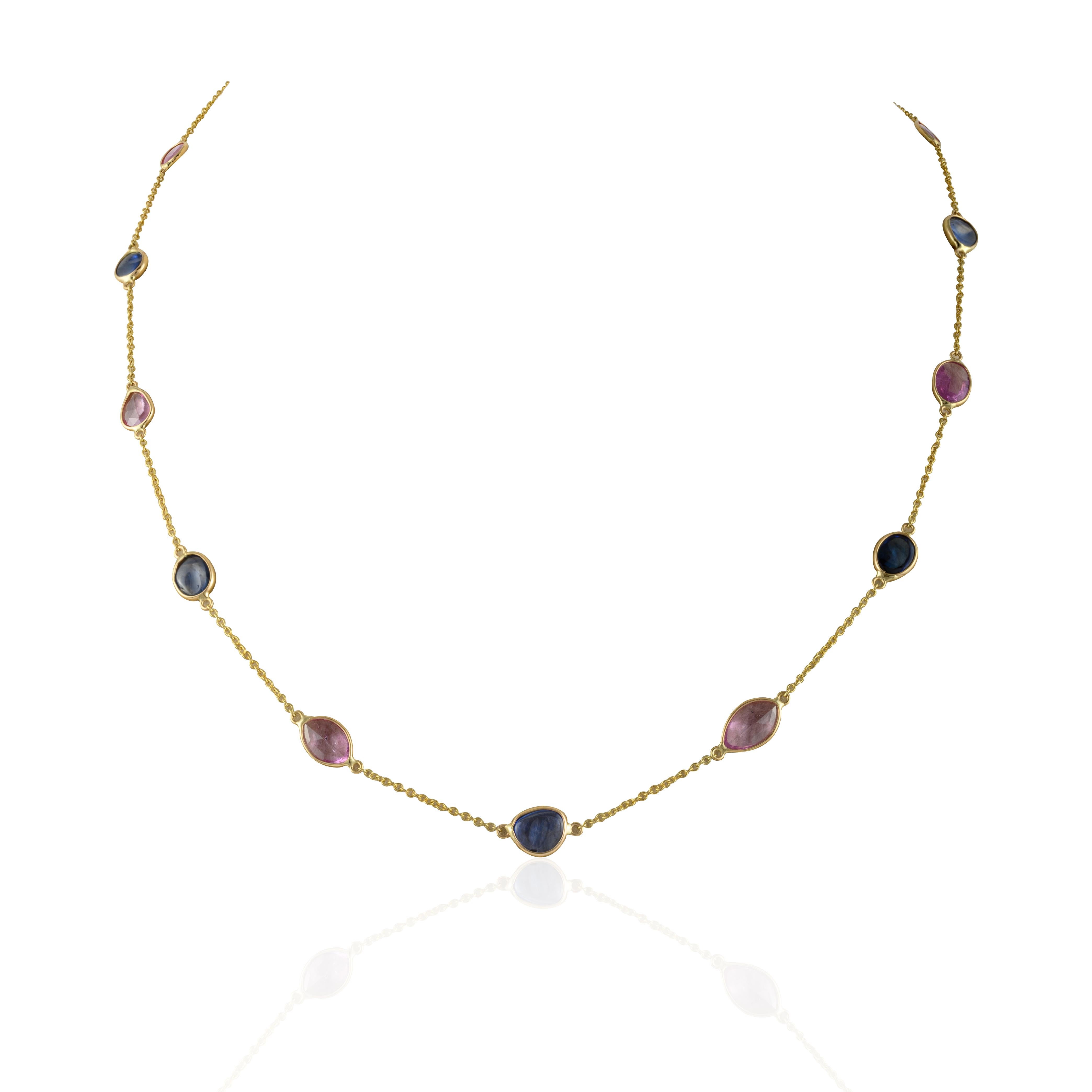 Multi Color Sapphire Chain Necklace 14k Yellow Gold, Grandma Gift Christmas In New Condition For Sale In Houston, TX