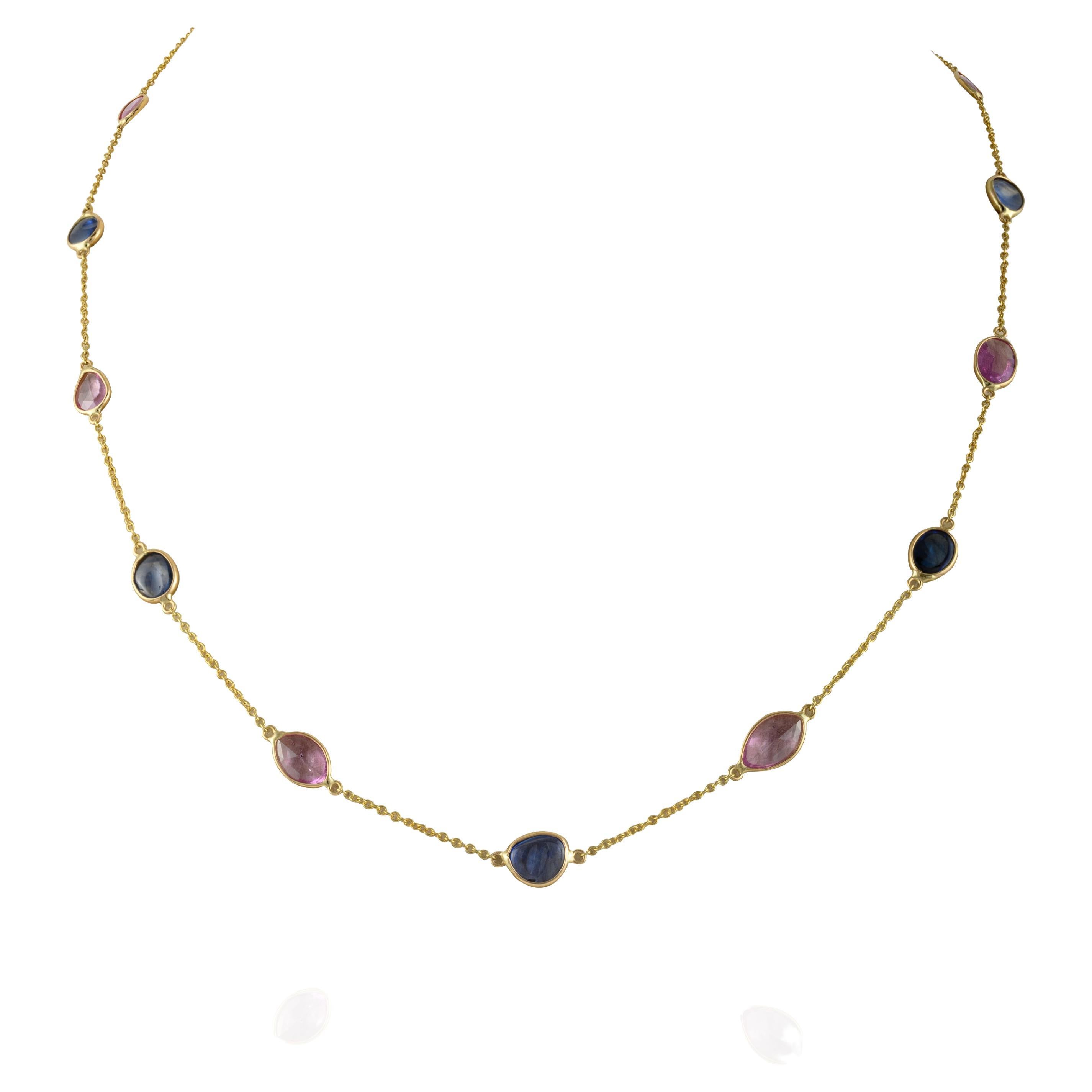 Multi Color Sapphire Chain Necklace 14k Yellow Gold, Grandma Gift Christmas For Sale