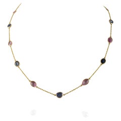 Multi Color Sapphire Chain Necklace 14k Yellow Gold, Grandma Gift Christmas
