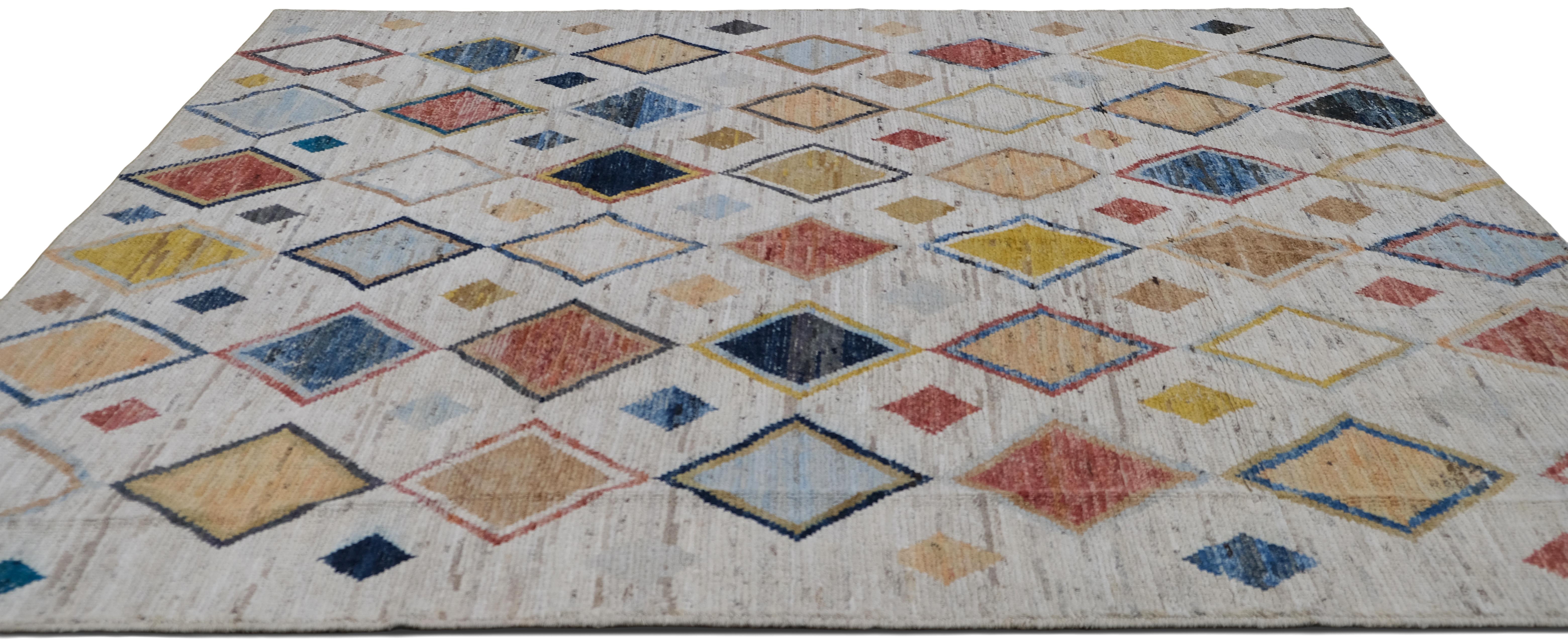 Moderner mehrfarbiger Diamant-Muster-Wollteppich 8'3''x9'10'' (Afghanisch) im Angebot