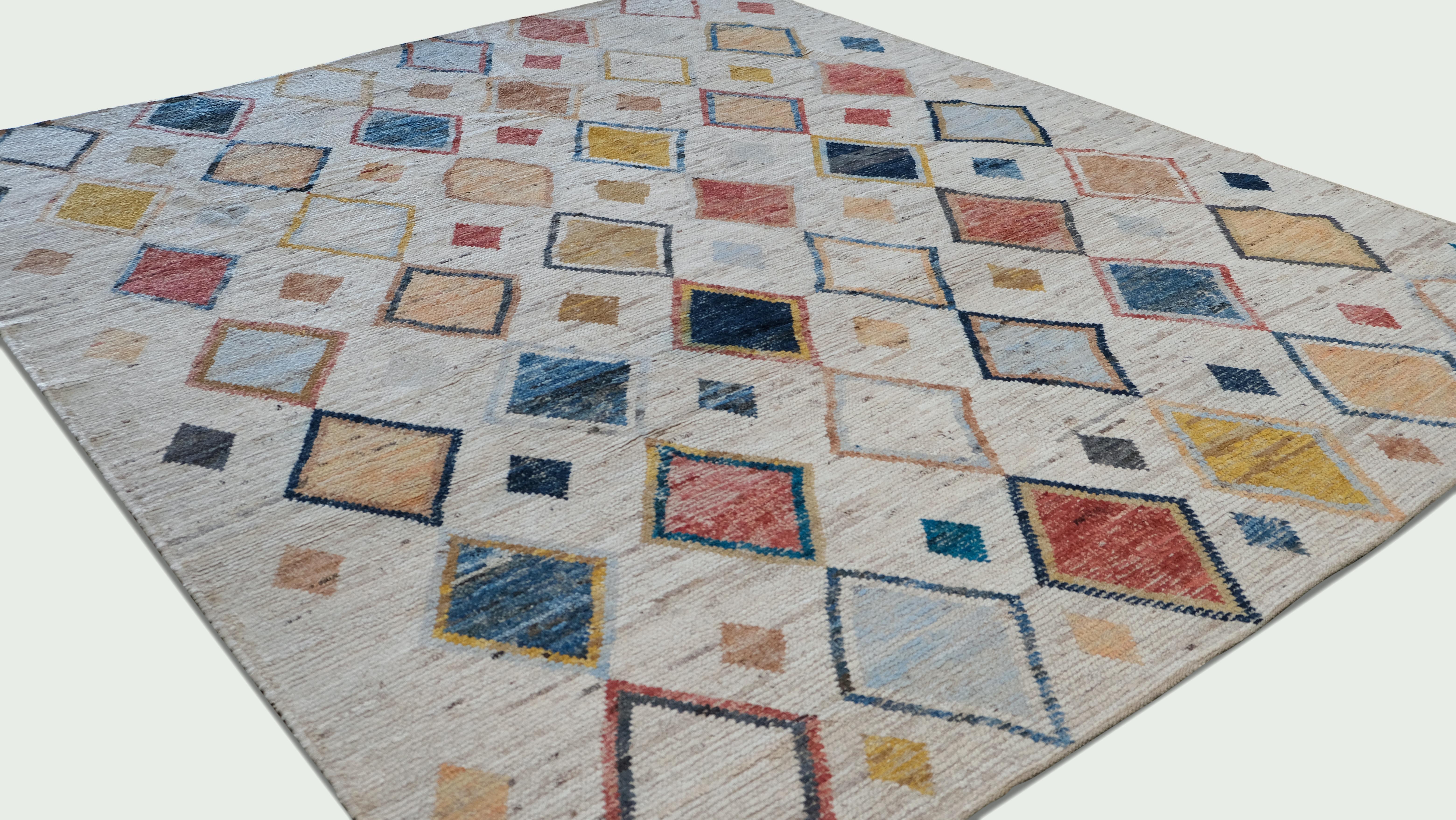 Moderner mehrfarbiger Diamant-Muster-Wollteppich 8'3''x9'10'' im Zustand „Neu“ im Angebot in Torrance, CA