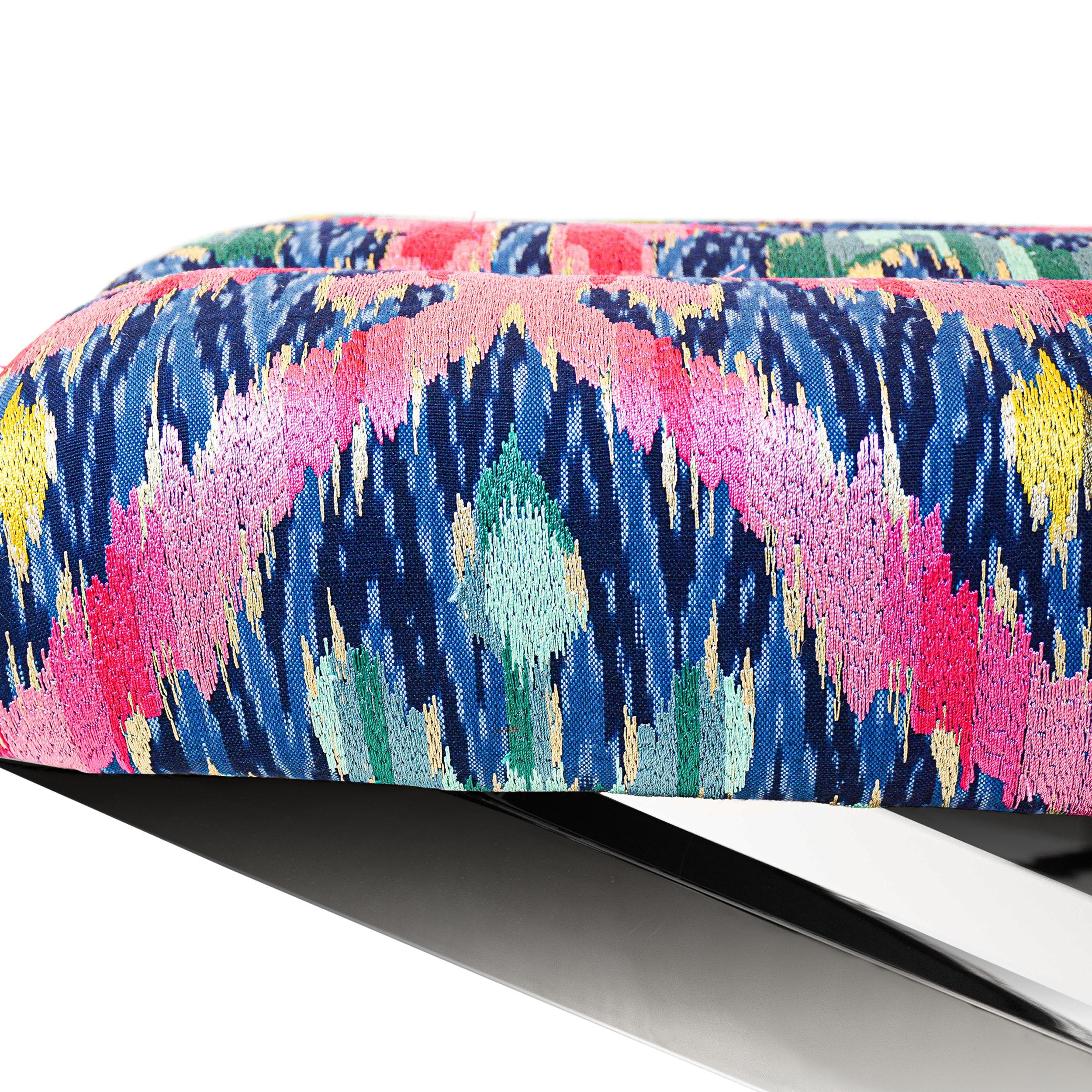Modern Multi-Colored Ikat Woven Fabric Bench with X Crossed Legs 4