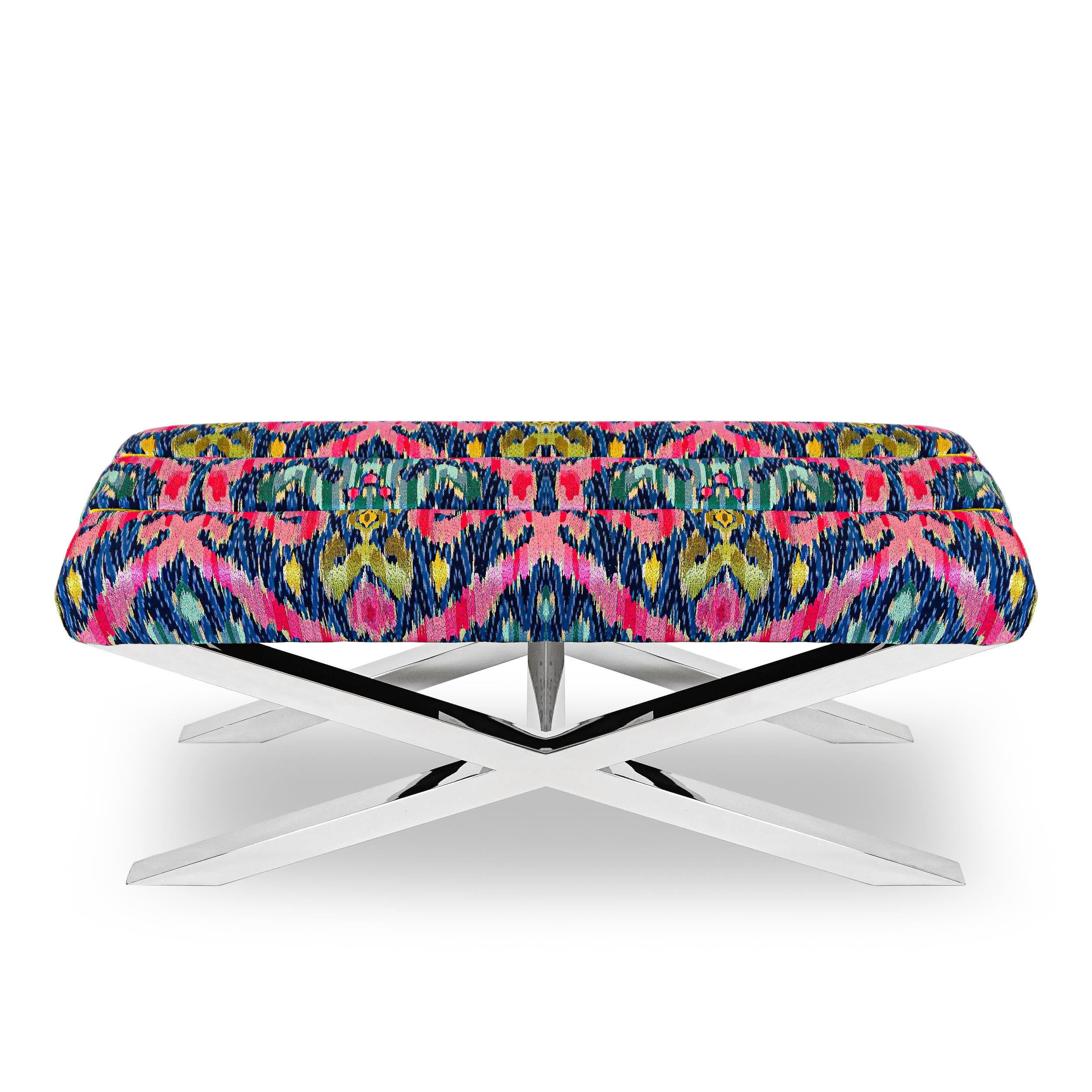 Modern multi-colored Ikat woven fabric bench with X-base legs in Polished Chrome finish. Channel Tufted Ikat Jacquard top with yellow accent fabric. Fabric can be customized. Custom size bases possible in different materials. 

Measurements: