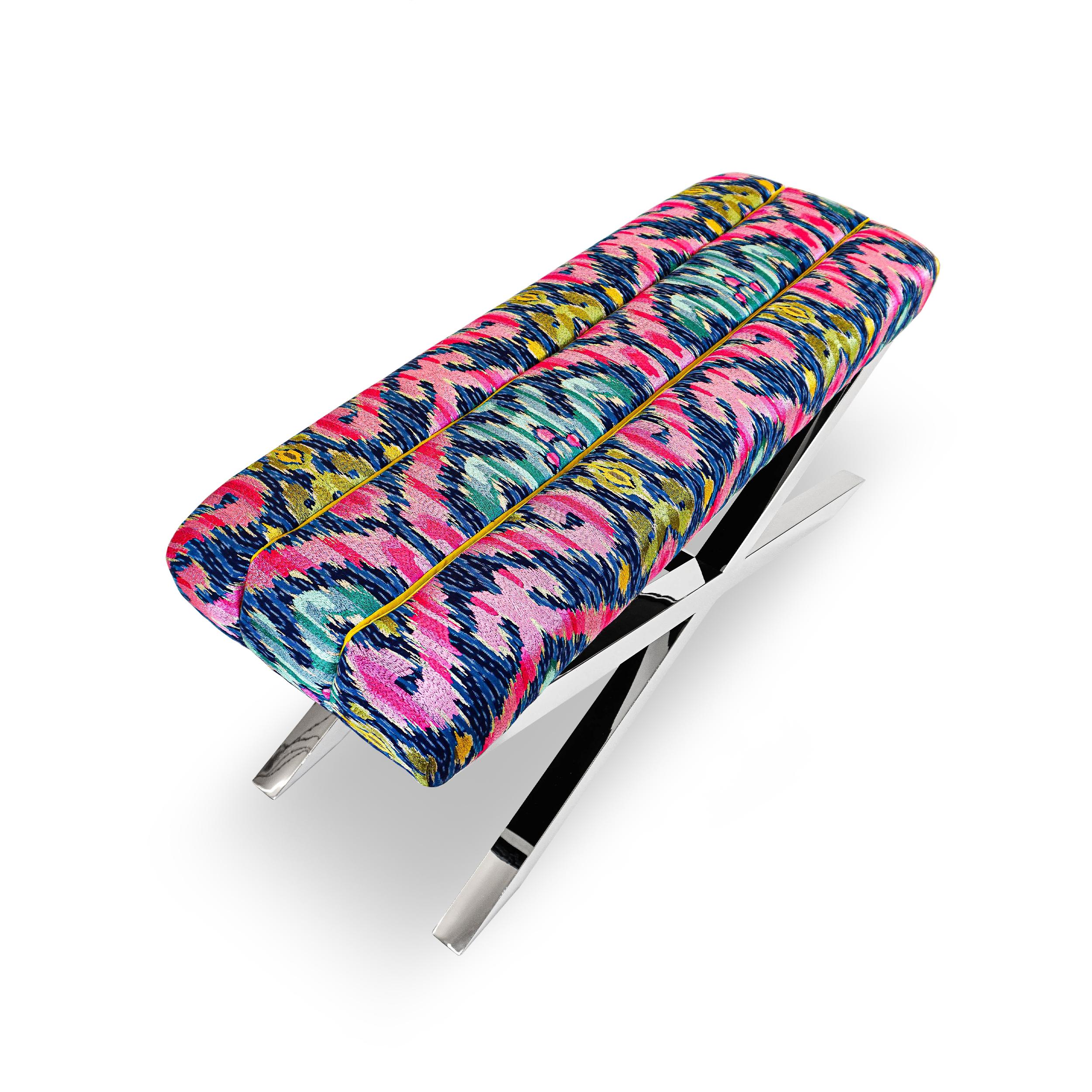 American Modern Multi-Colored Ikat Woven Fabric Bench with X Crossed Legs