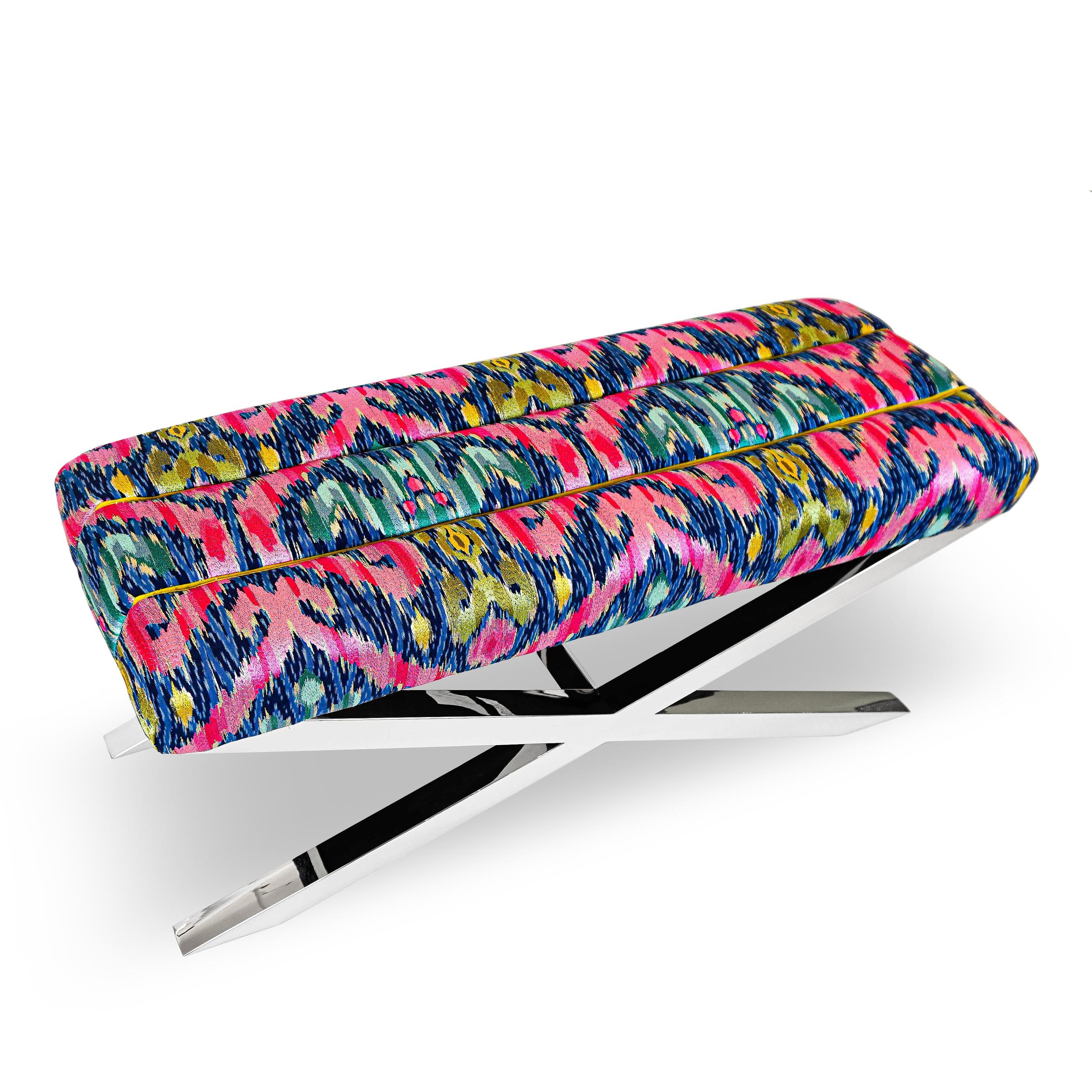 Modern Multi-Colored Ikat Woven Fabric Bench with X Crossed Legs In New Condition In Greenwich, CT