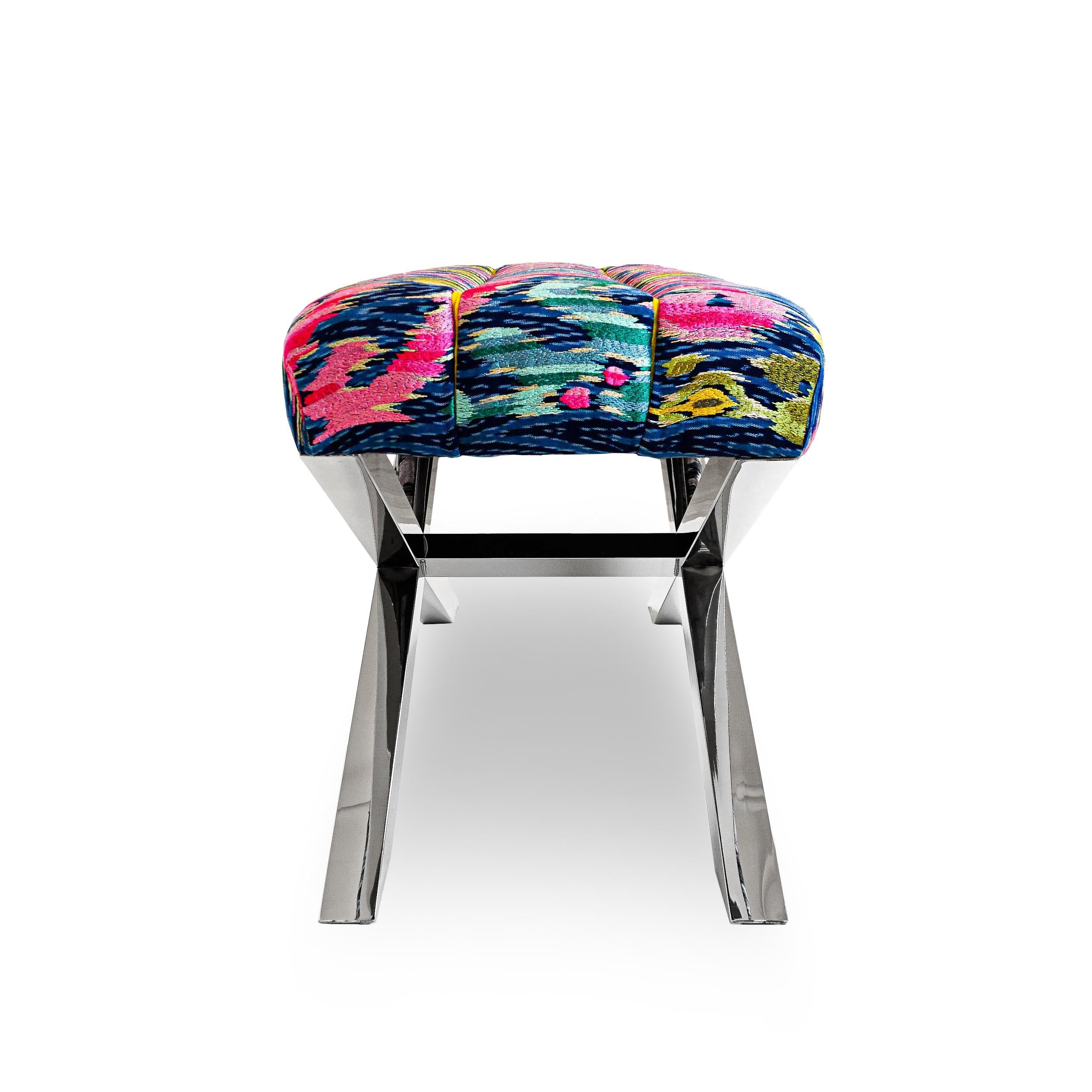 Contemporary Modern Multi-Colored Ikat Woven Fabric Bench with X Crossed Legs