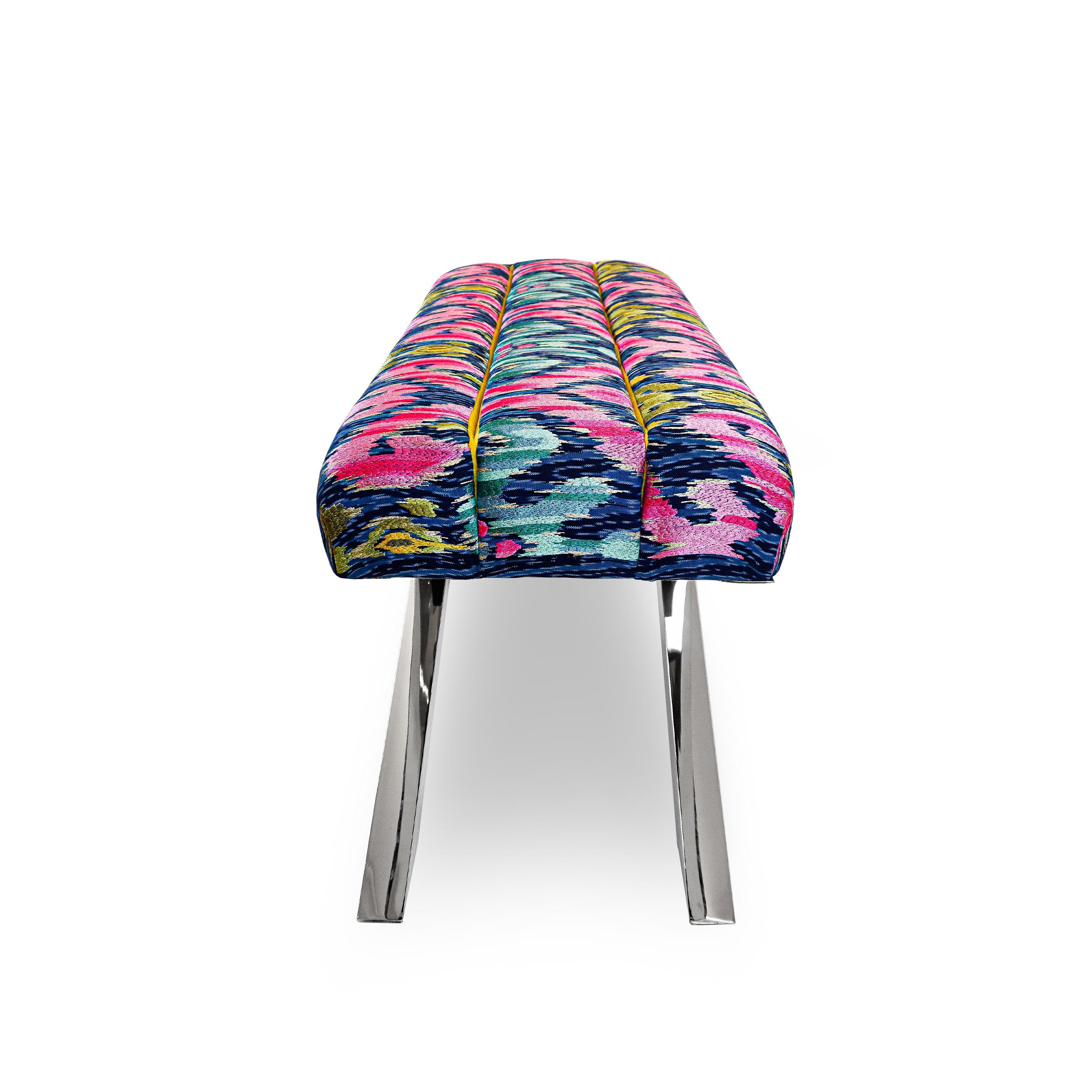 Chrome Modern Multi-Colored Ikat Woven Fabric Bench with X Crossed Legs