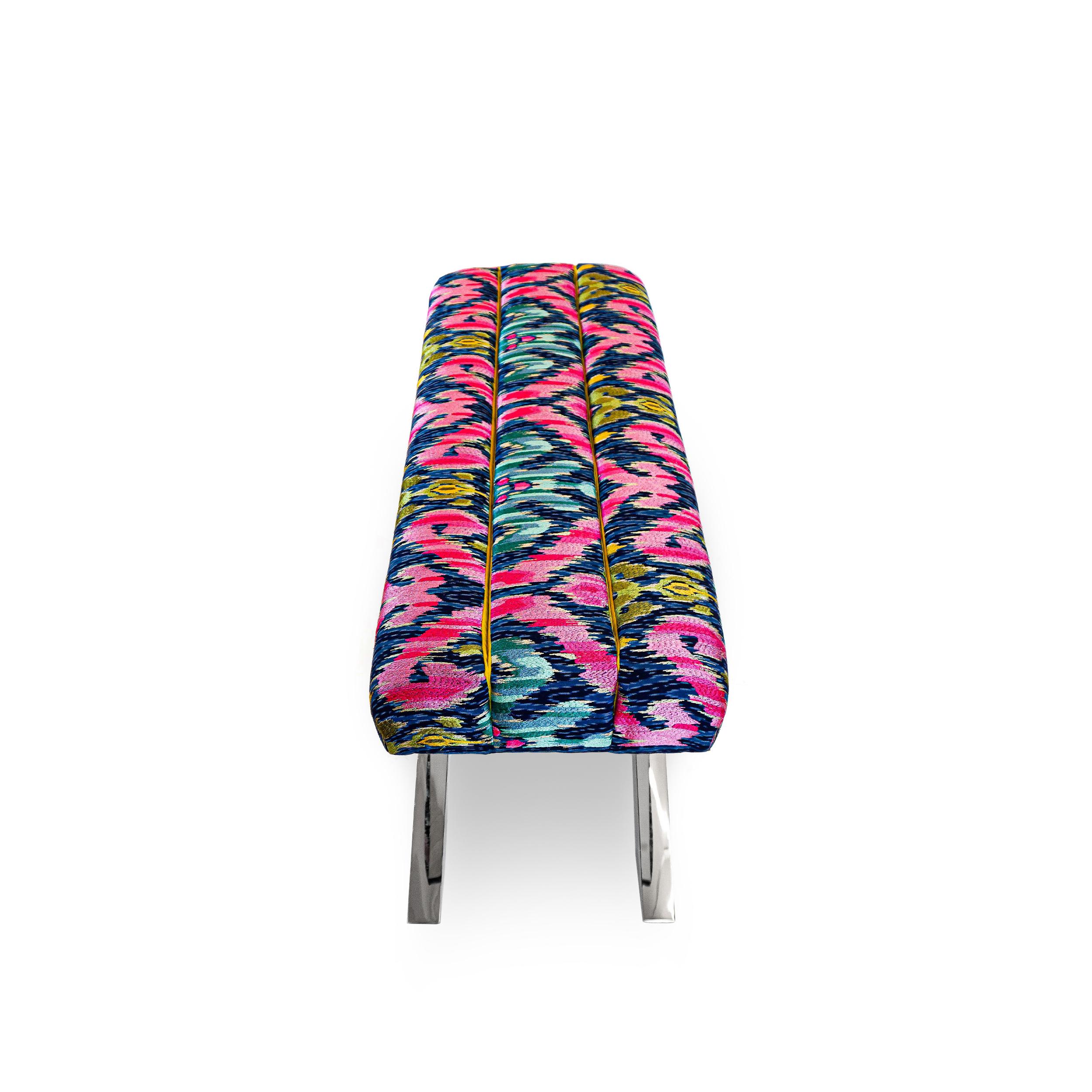 Modern Multi-Colored Ikat Woven Fabric Bench with X Crossed Legs 1