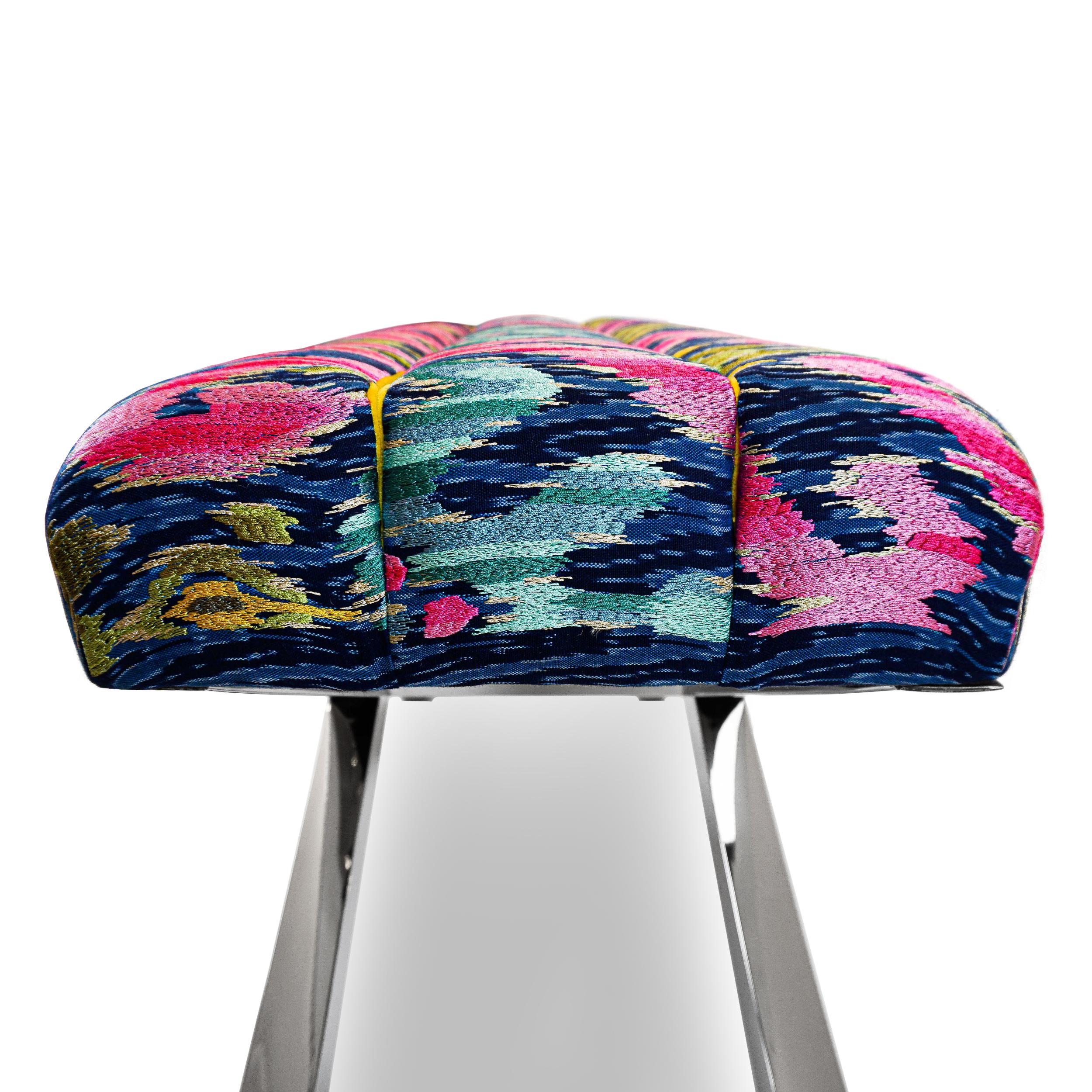 Modern Multi-Colored Ikat Woven Fabric Bench with X Crossed Legs 2