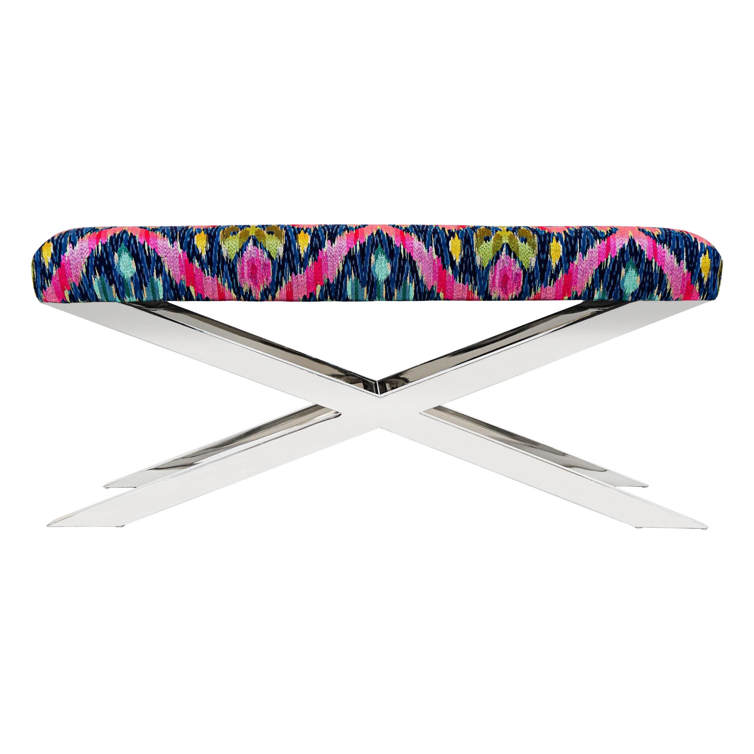 Modern Multi-Colored Ikat Woven Fabric Bench with X Crossed Legs