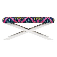 Modern Multi-Colored Ikat Woven Fabric Bench with X Crossed Legs