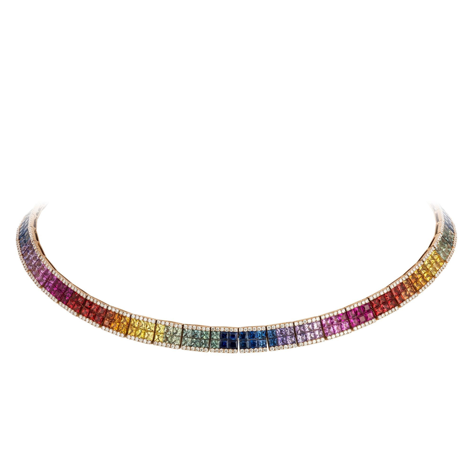 Für sie eine Halskette aus 18 Karat Roségold mit mehreren Saphiren und Diamanten (Rosenschliff) im Angebot