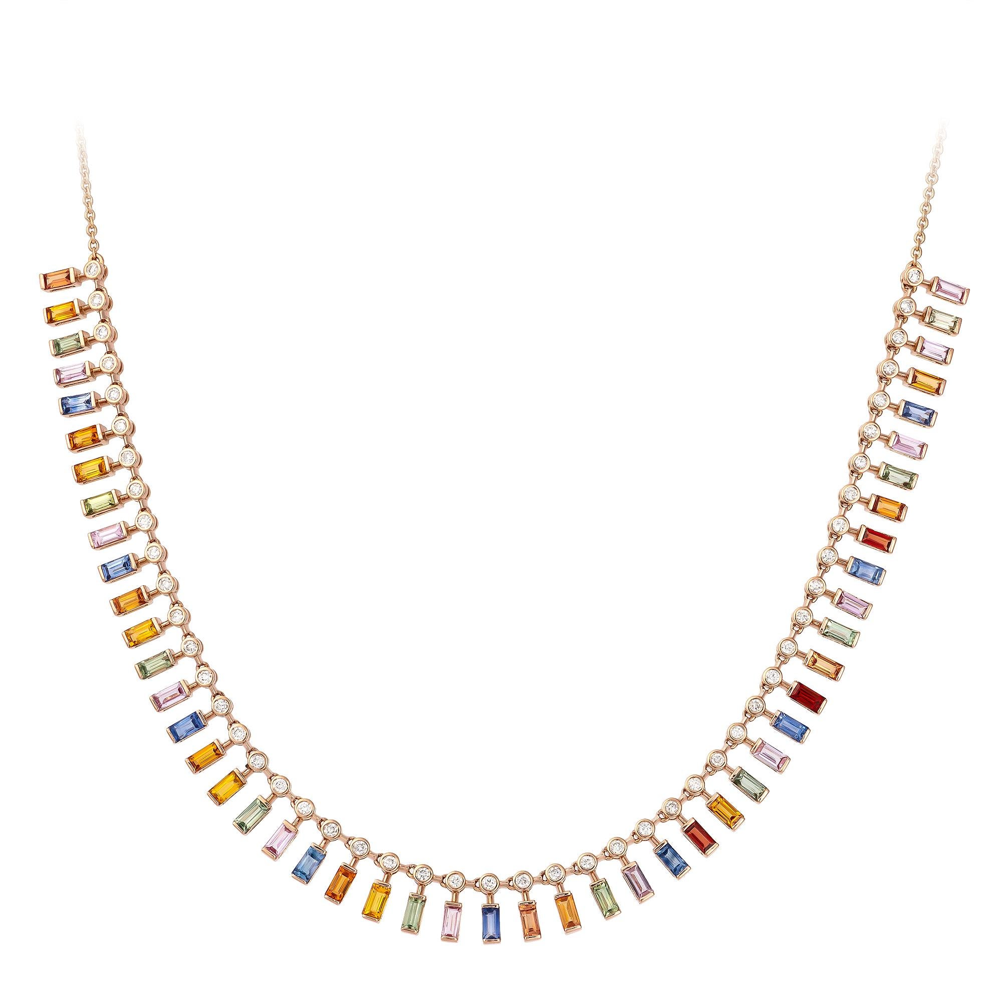Women's Modern Multi Sapphire Diamond 18 Karat Rose Gold Necklace for Her For Sale