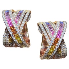 Boucles d'oreilles modernes en or jaune 18 carats avec saphirs et diamants pour elle