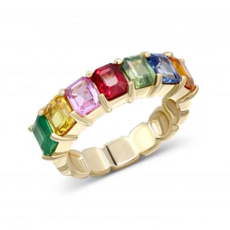 Round Cut Modern Multi Sapphire Emerald White Yellow 14k Gold Ring for Her For Sale