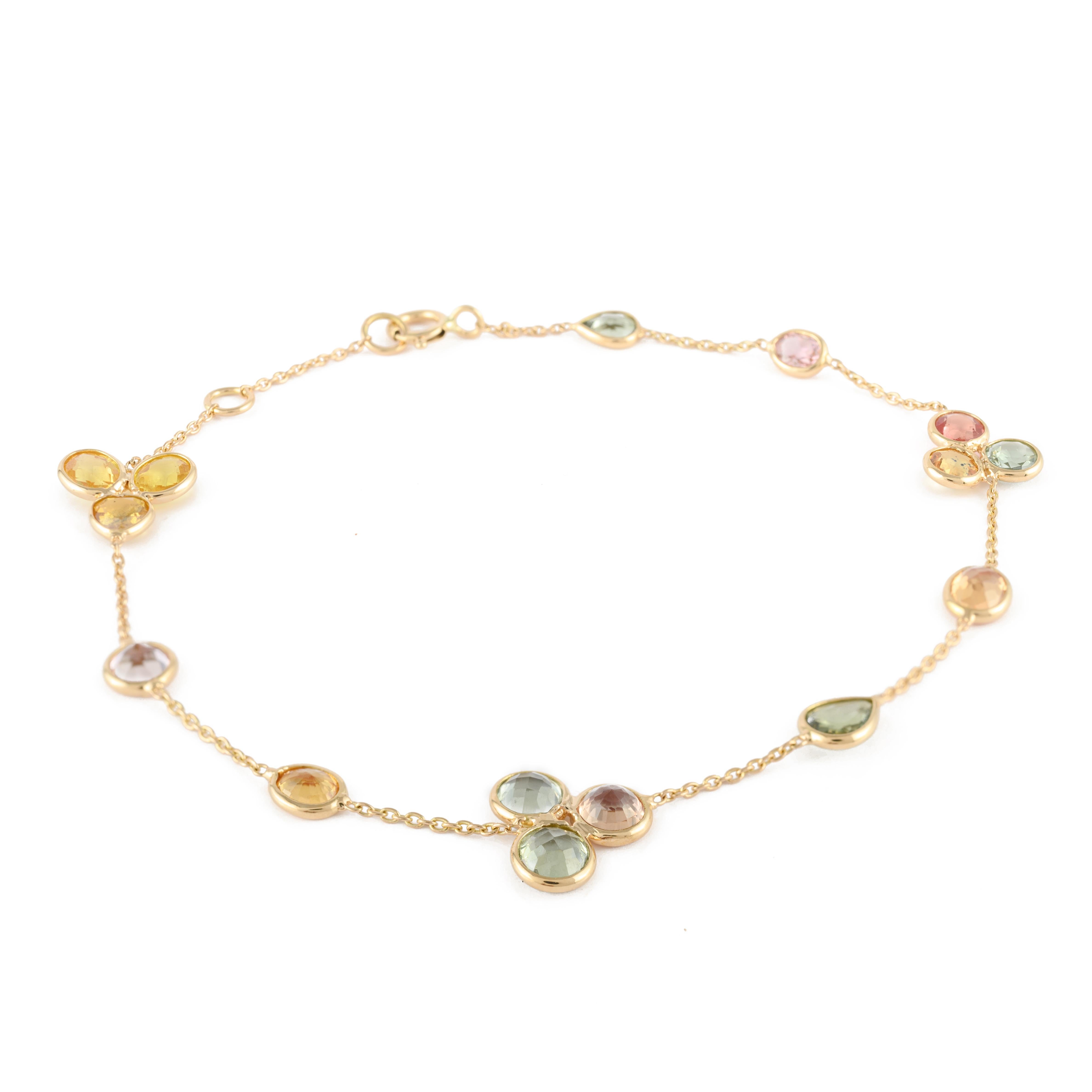 Mixed Cut Modern Multi Sapphire Minimal Floral Motif Gold Bracelet in 18k Solid Gold For Sale