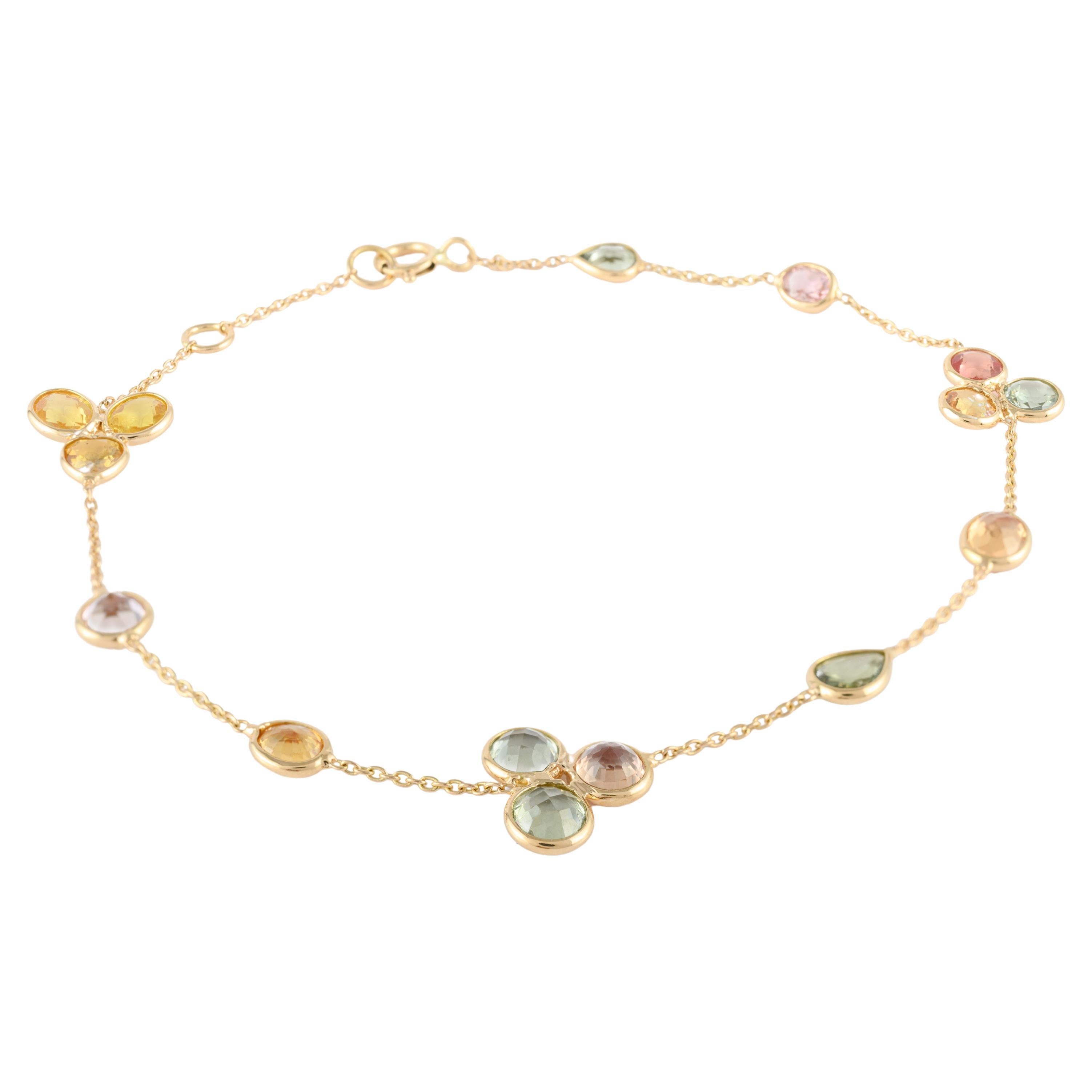 Bracelet moderne à motif floral minimaliste en or massif 18 carats avec plusieurs saphirs en vente
