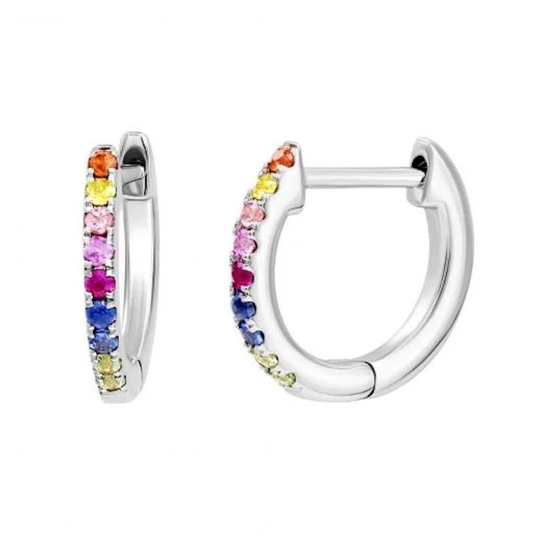 Modern Multi Sapphire Ruby 14K White Gold Hoop Earrings In New Condition In Genève, GE