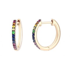 Modern Multi Sapphire Ruby 14K Yellow Gold Hoop Earrings