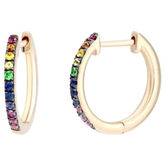 Modern Multi Sapphire Ruby 14K Yellow Gold Hoop Earrings For Sale